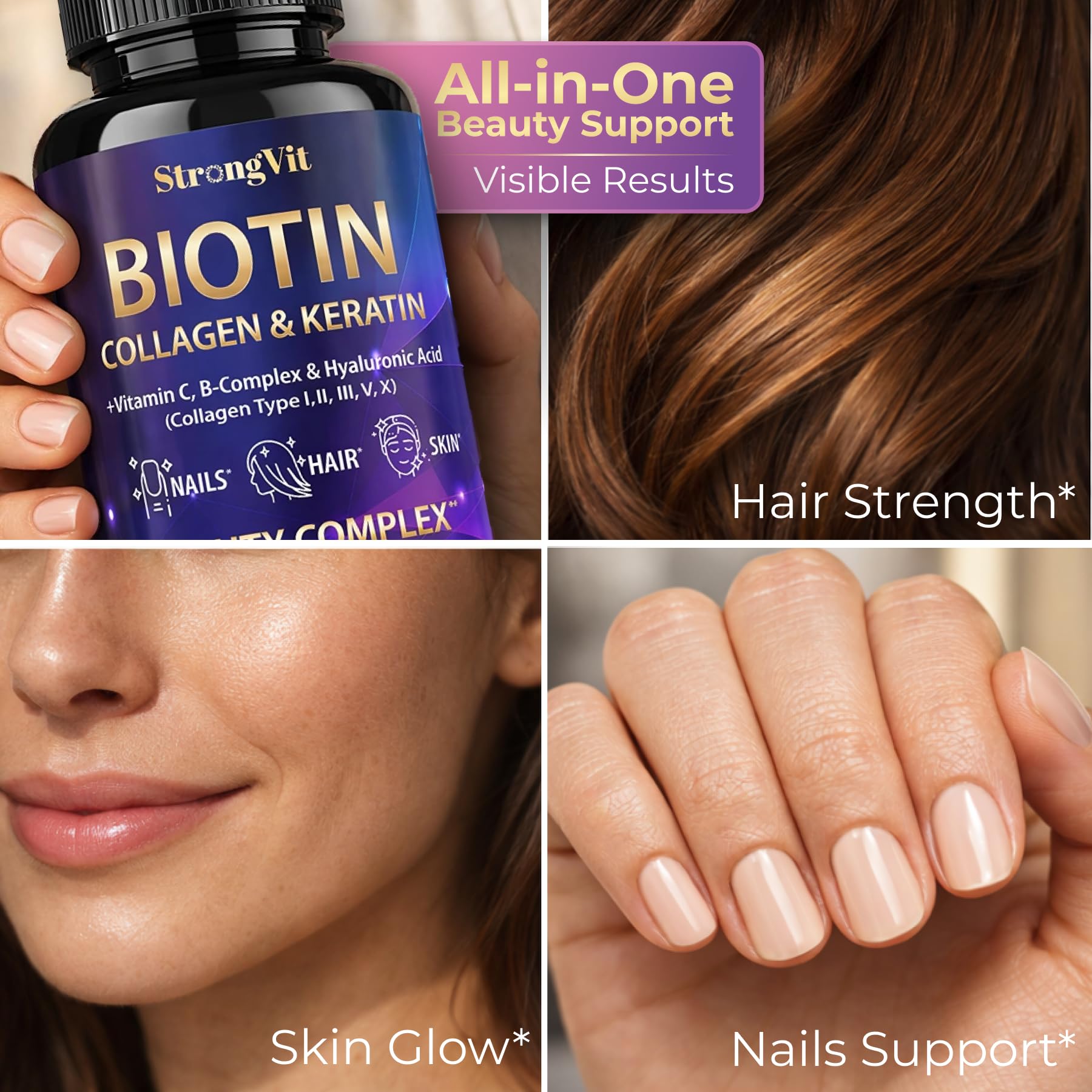 StrongVit frasco sobre mesa de baño como parte de rutina de belleza