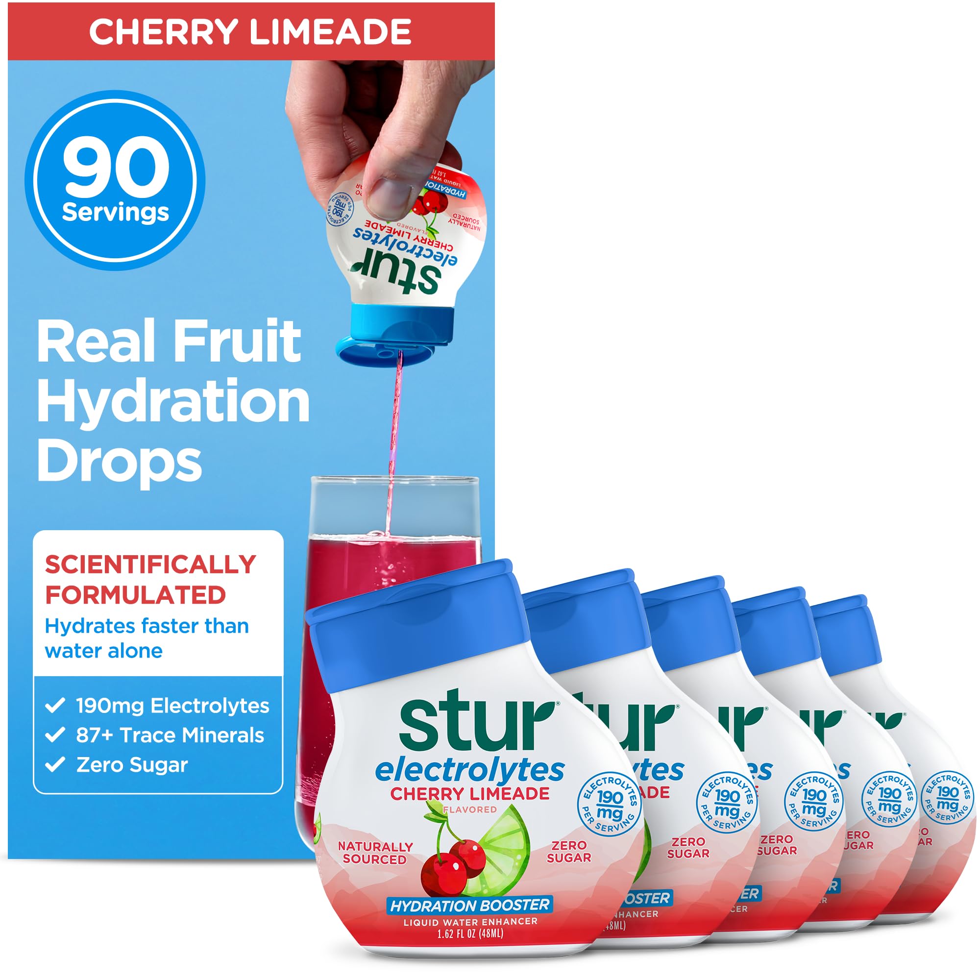 Stur Cherry Limeade vista frontal mostrando el envase y marca, práctico para llevar