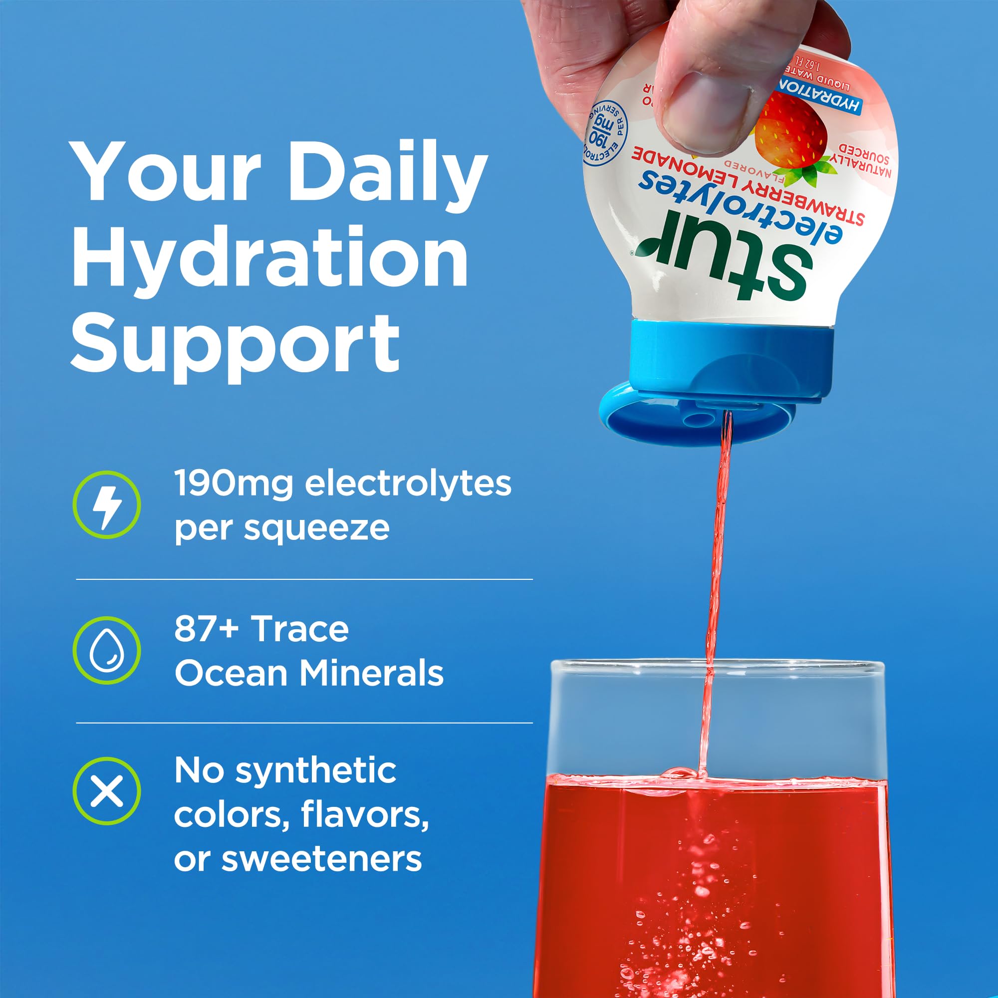 Detalle del líquido Stur Cherry Limeade mezclándose en agua para sabor inmediato