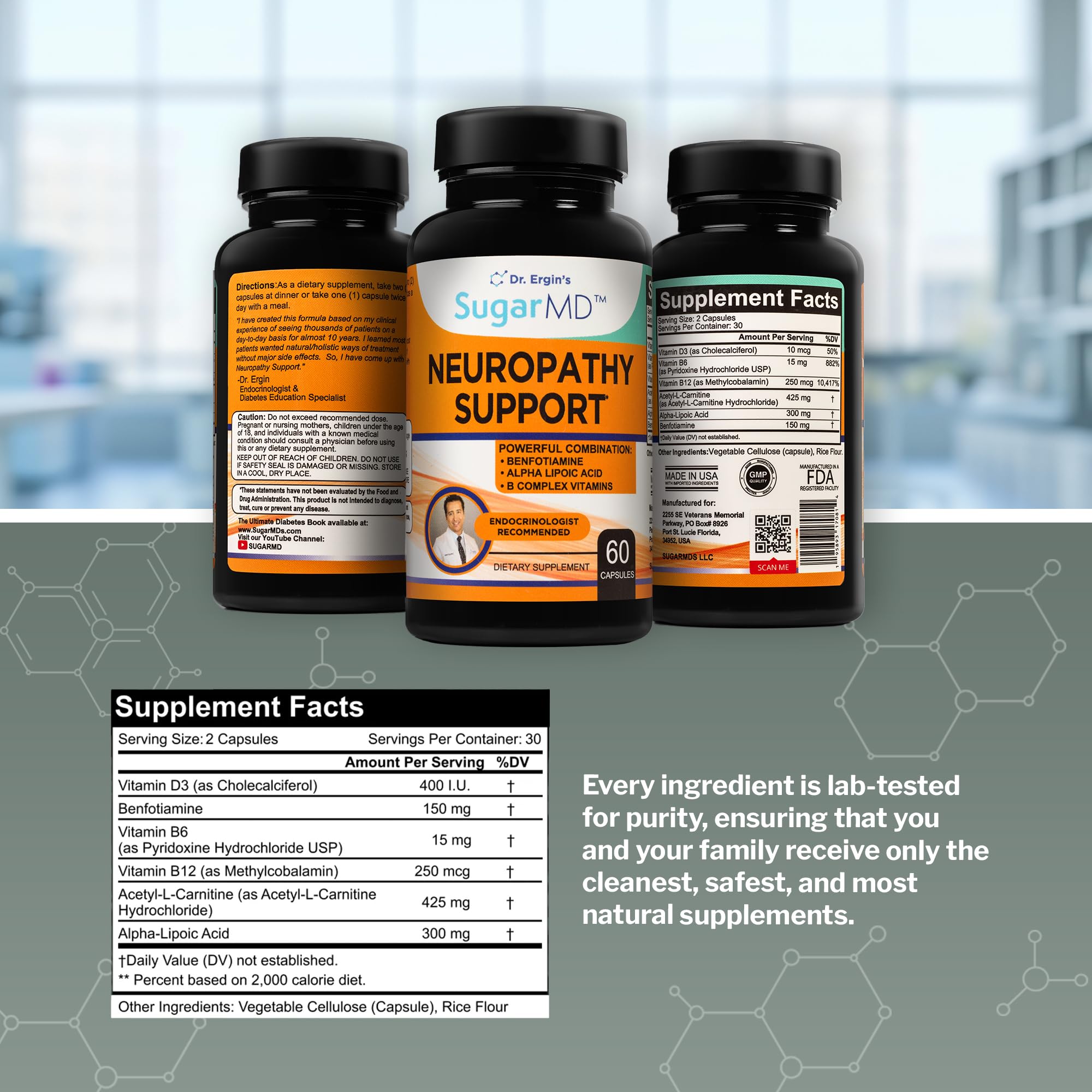 SugarMD ingredientes clave (ALA, benfotiamina, vitaminas) en primer plano