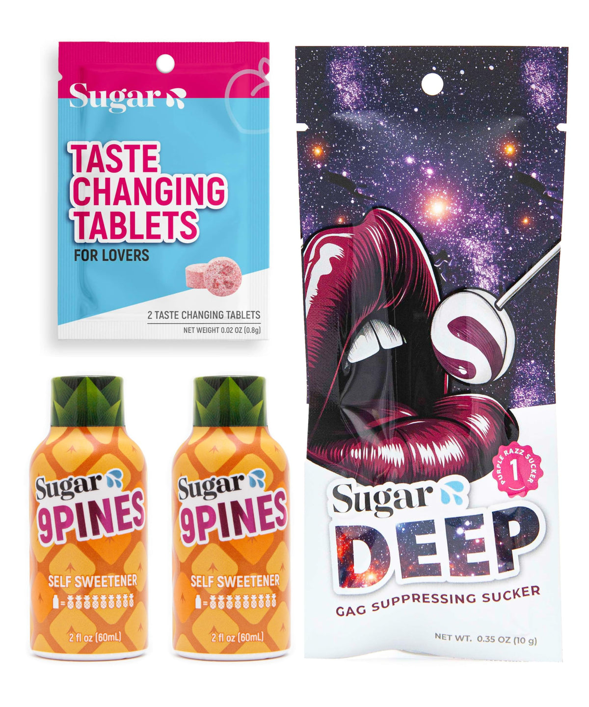 Sugar Splash pack frontal mostrando tabletas y shots para una experiencia dulce
