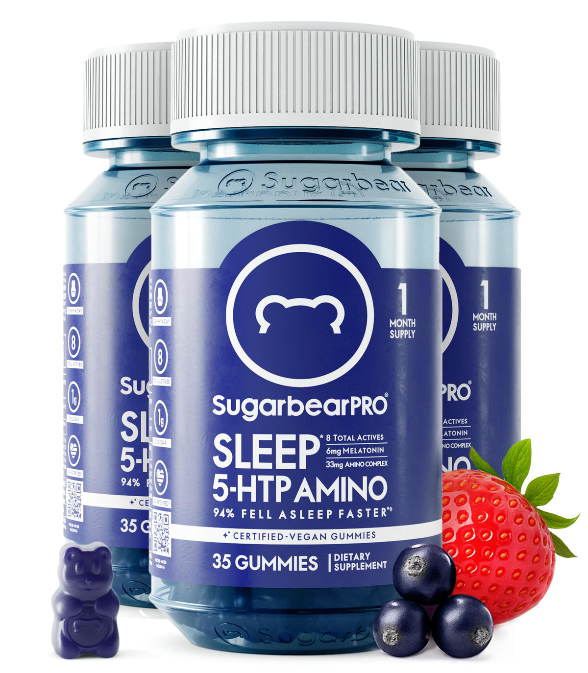 SugarBear Sleep frontal del envase mostrando el sello vegano y beneficios