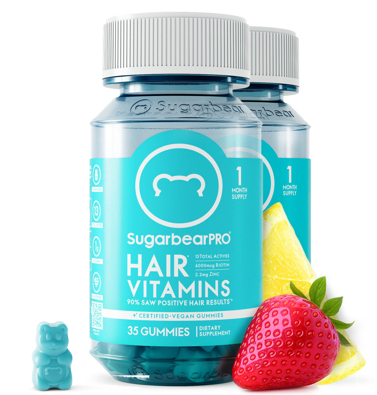 SugarBearHair frente del empaque mostrando dos frascos y beneficio de suministro de 2 meses