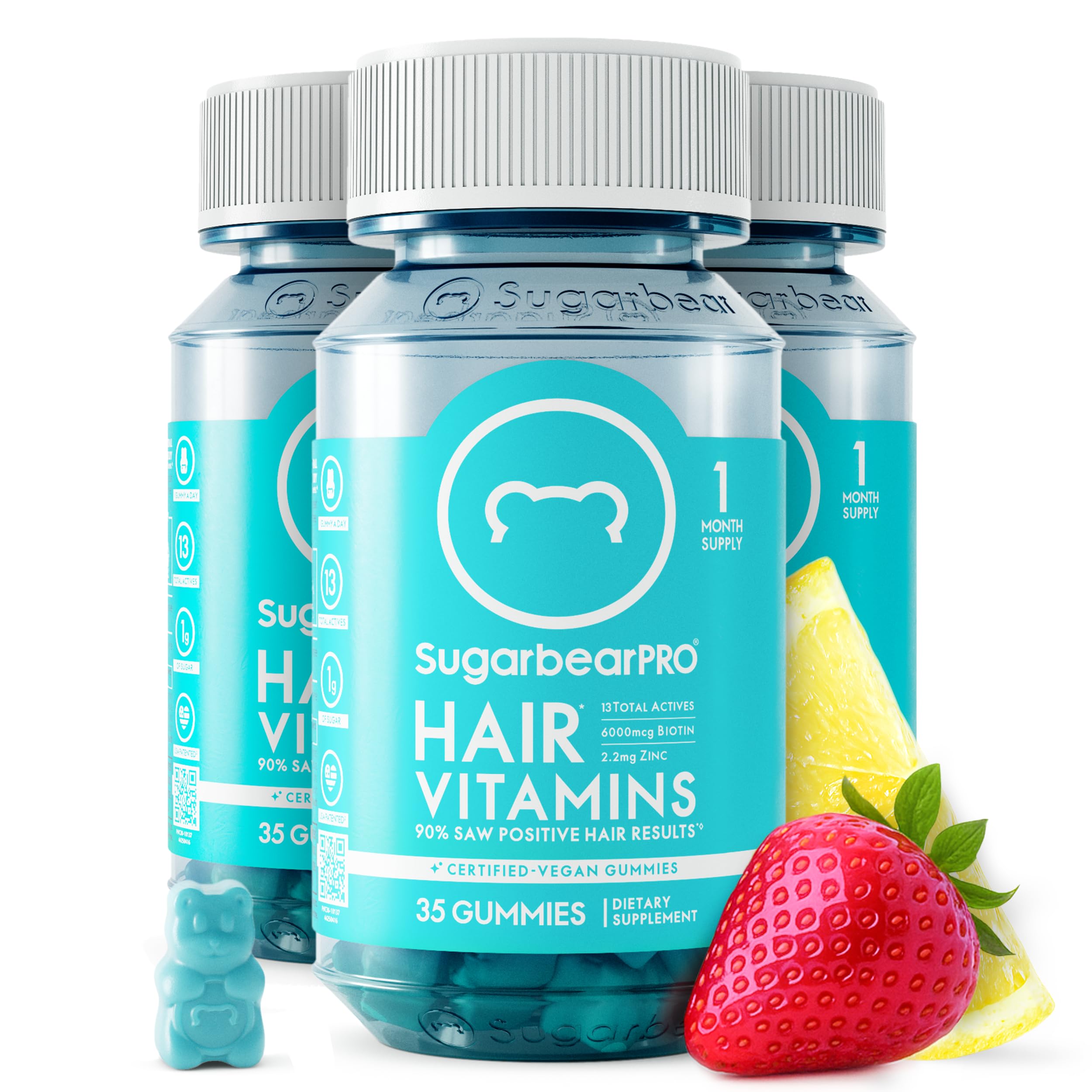 SugarBearHair envase frontal que muestra el formato de 3 frascos y beneficios clave
