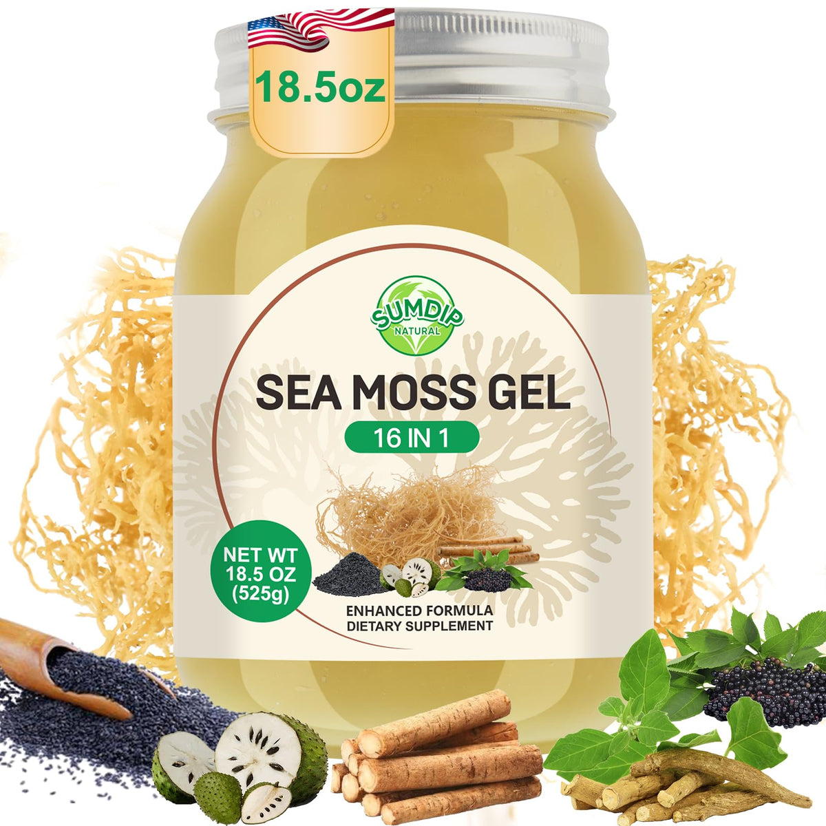 SumDIP frente del envase de sea moss gel mostrando tamaño y marca