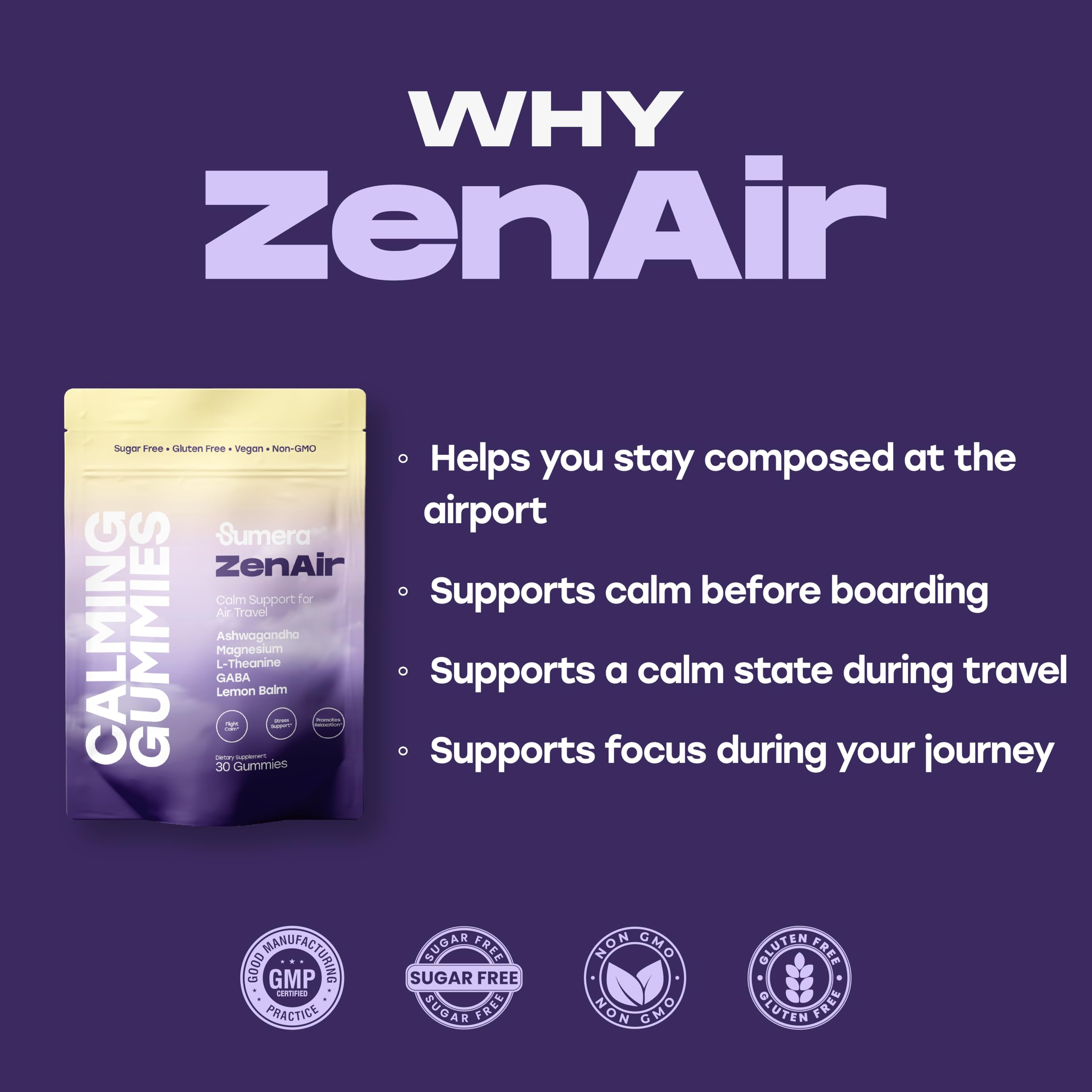 Manos tomando gomitas Sumera ZenAir para calma durante el vuelo
