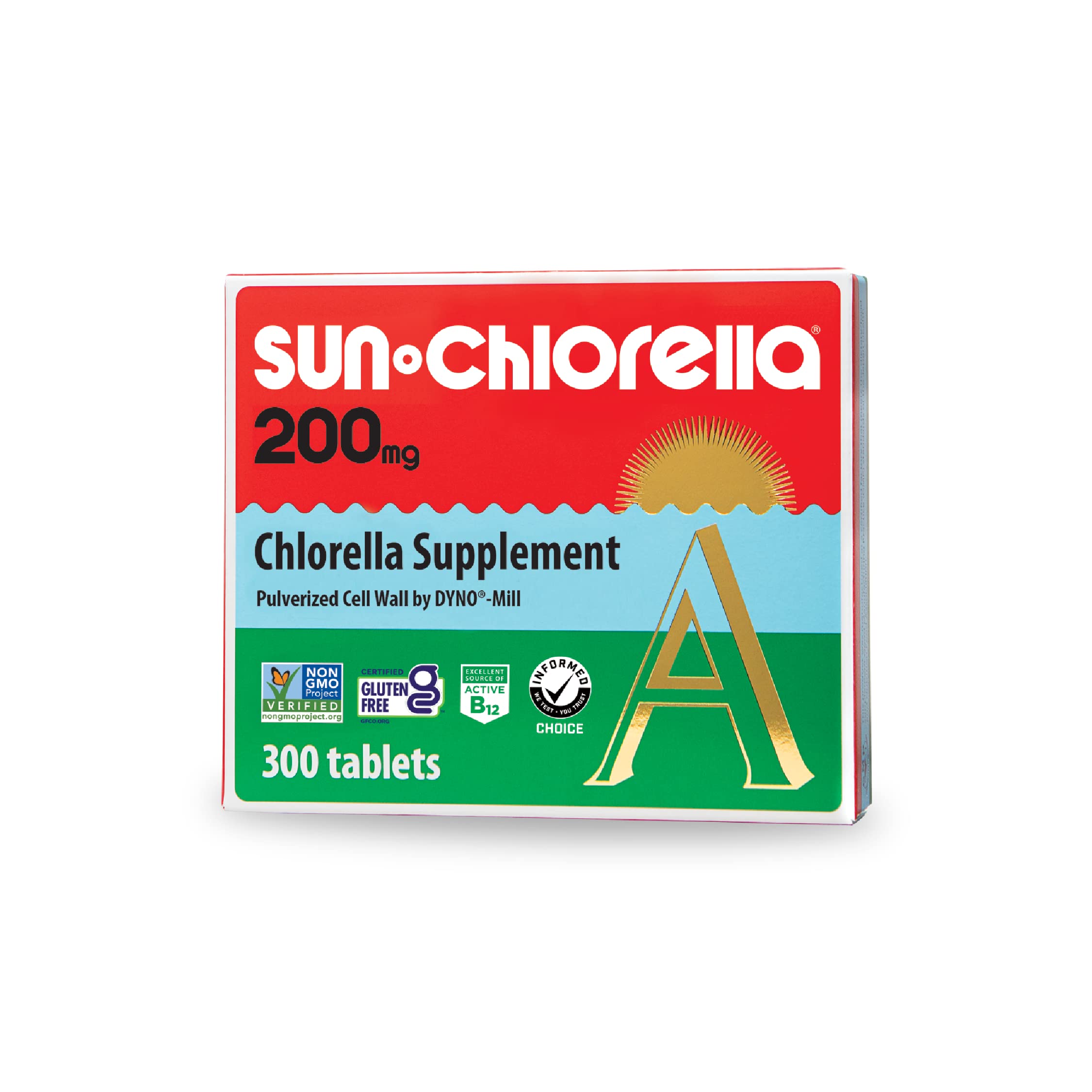 Sun Chlorella frente del envase mostrando 300 tabletas y beneficios claros