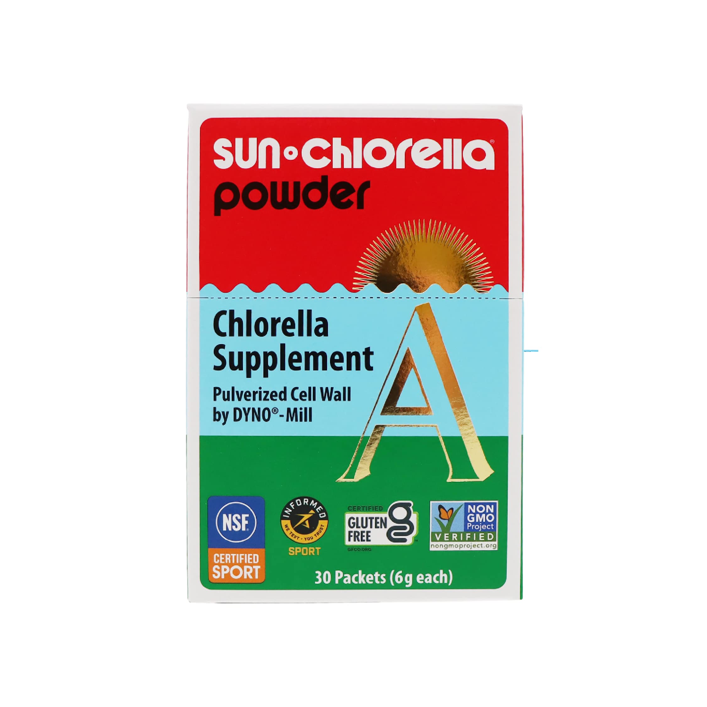 Sun Chlorella frontal del empaque mostrando 30 sobres y beneficio de portabilidad