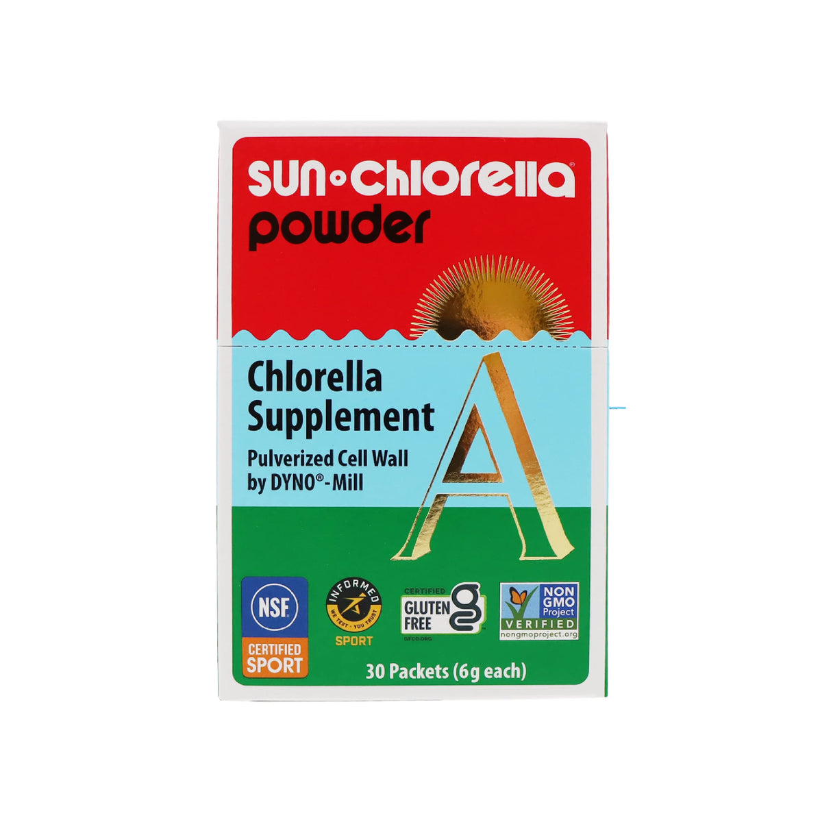 Sun Chlorella frontal del empaque mostrando 30 sobres y beneficio de portabilidad
