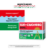 Sun Chlorella polvo de alga molida destacando su brillo verde y concentración nutricional