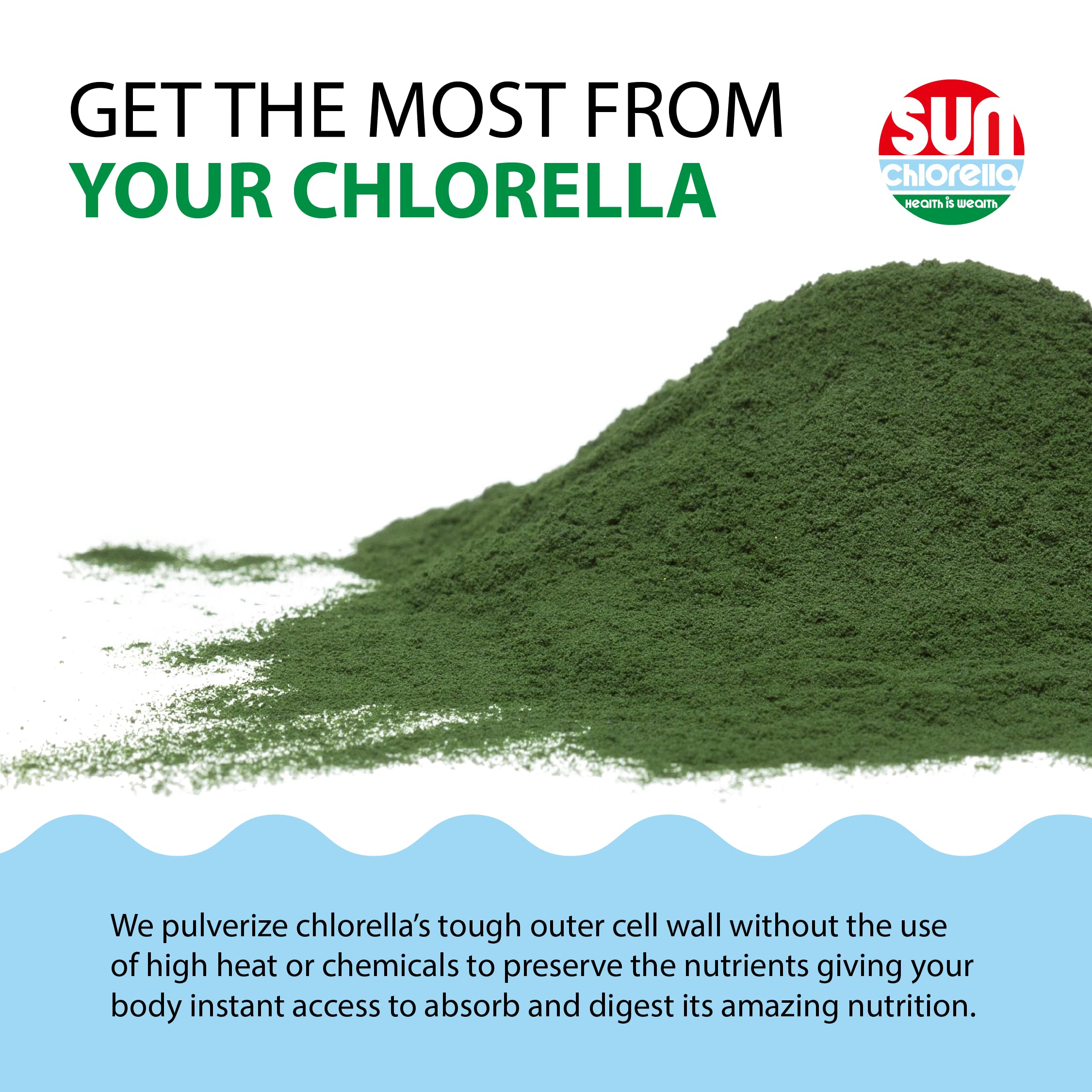 Sun Chlorella comparación de tamaño del sobre para llevar y dosificación clara