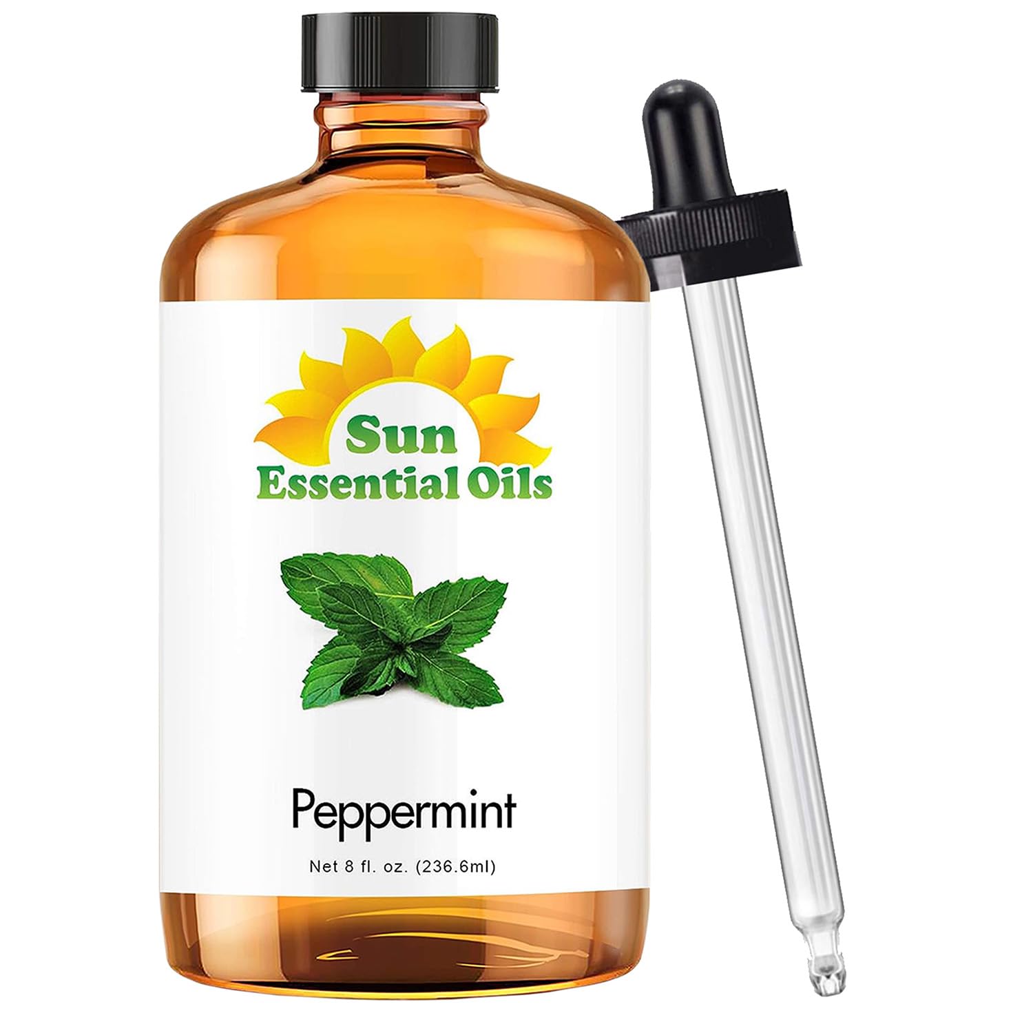 Sun Essential Oils frasco frontal 8 oz mostrando etiqueta clara y uso versátil