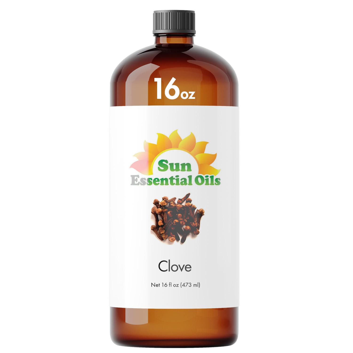 Sun Essential Oils botella frontal clavo muestra tamaño grande y conservación