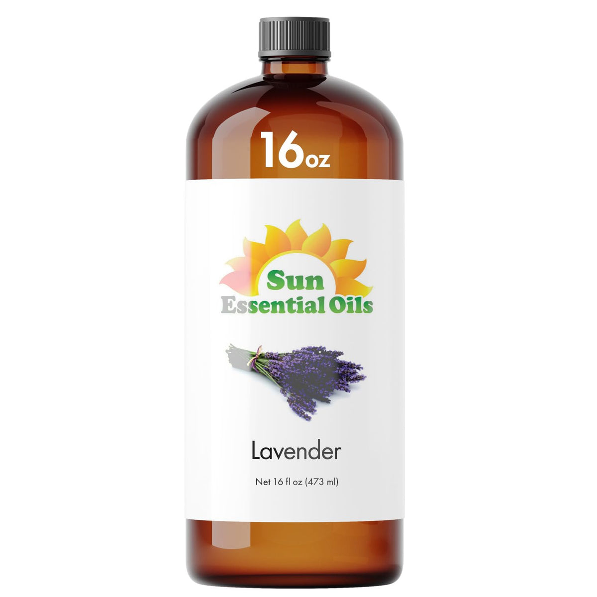 Sun Essential Oils botella frontal de lavanda en vidrio ámbar, presentación grande