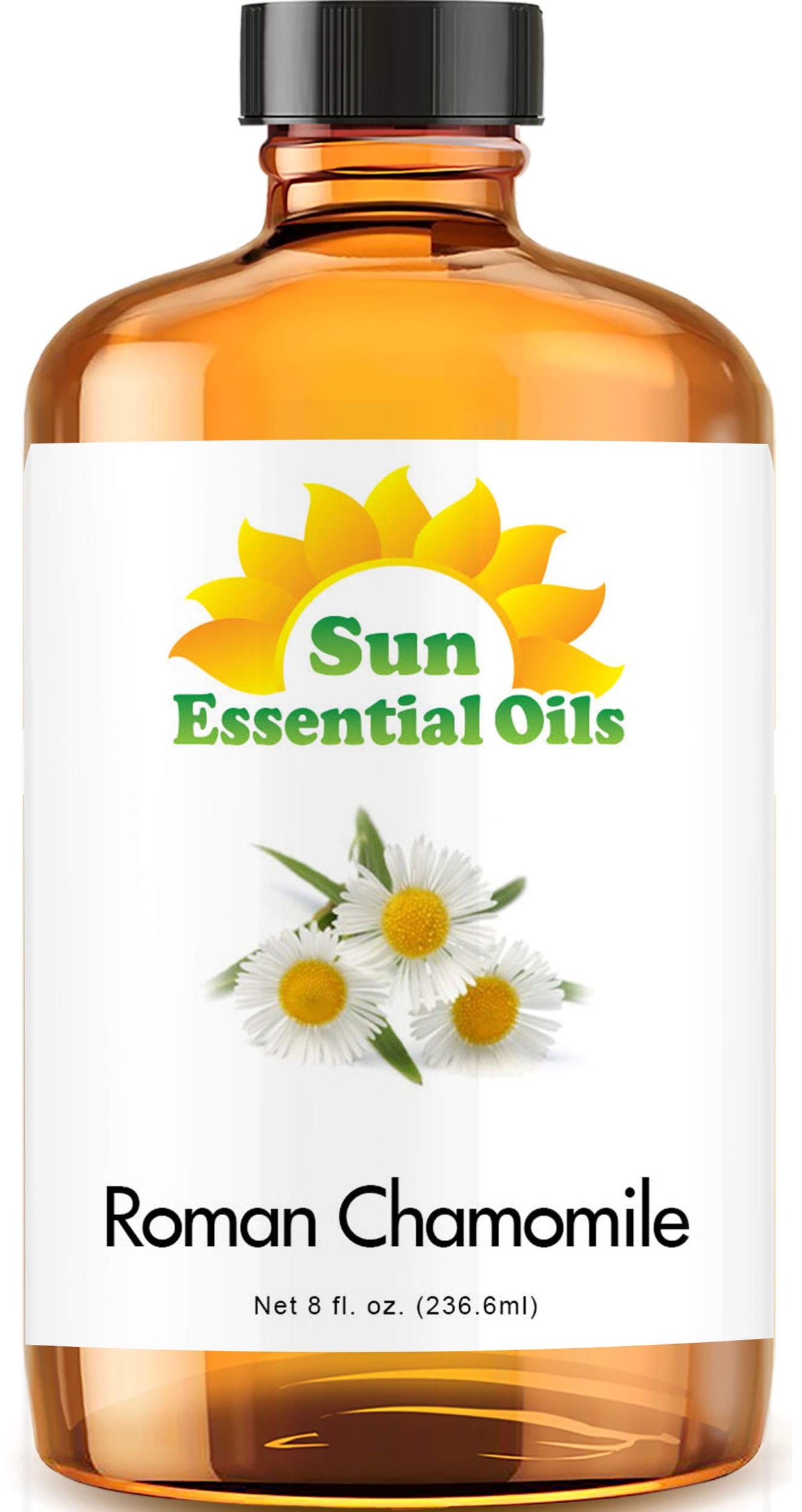 Sun Essential Oils botella frontal de manzanilla romana, visual claro y protección