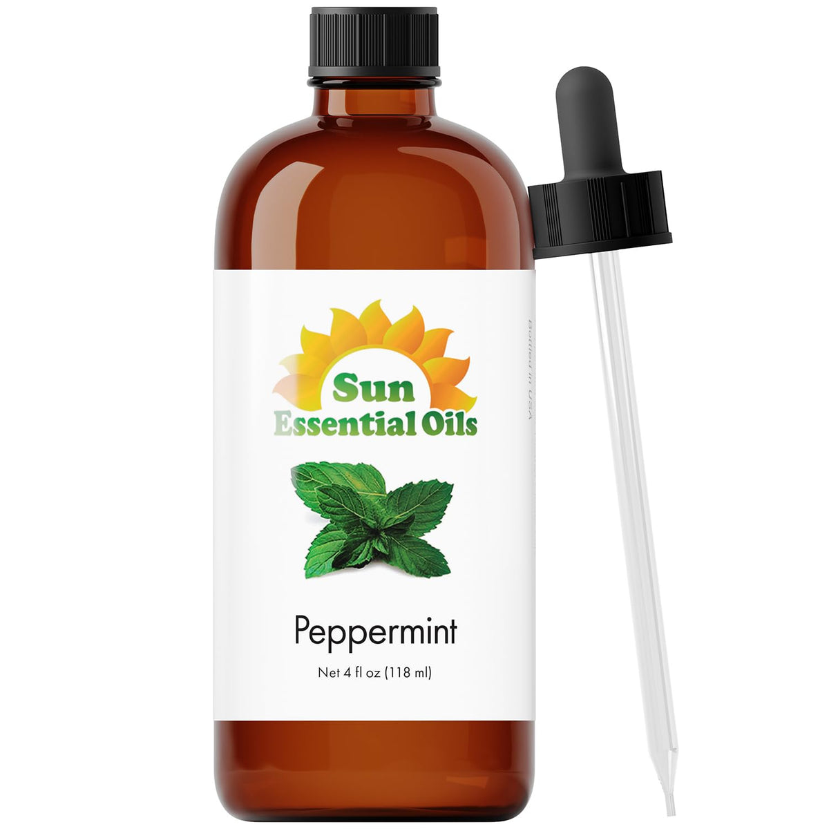 Sun Essential Oils botella frontal de aceite de menta con gotero, fácil dosificación