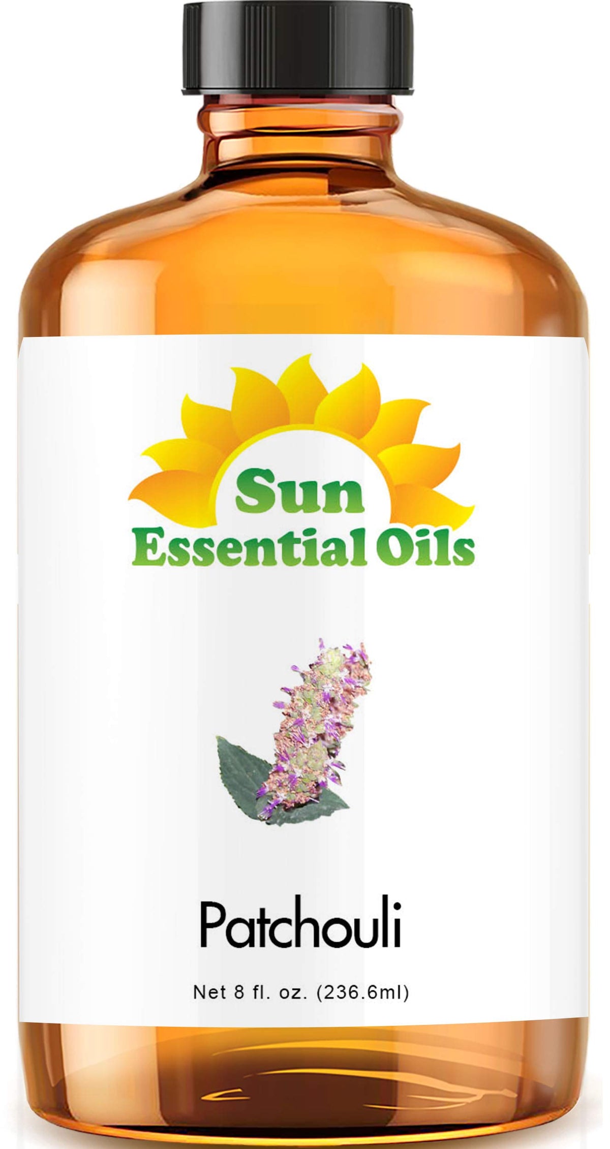 Sun Essential Oils botella frontal de pachulí mostrando etiqueta y beneficio aromático