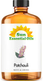 Sun Essential Oils botella frontal de pachulí mostrando etiqueta y beneficio aromático
