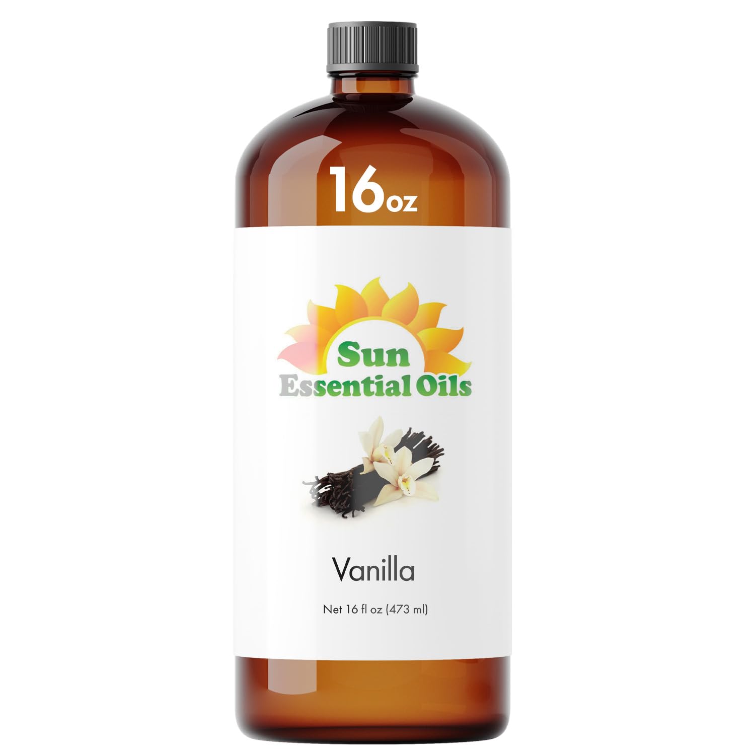 Sun Essential Oils botella de vainilla frontal mostrando envase ámbar y capacidad