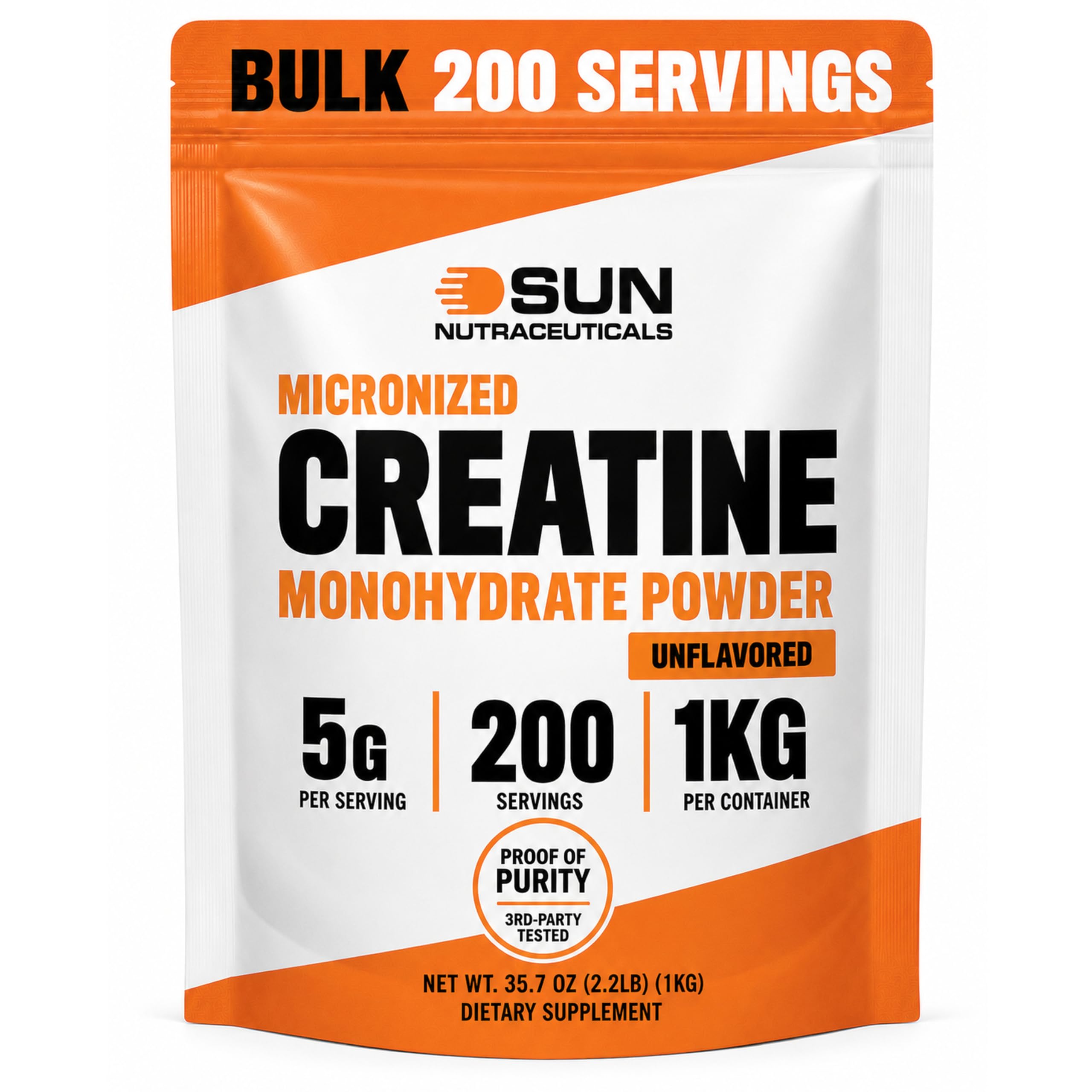 Sun Nutraceuticals envase frontal mostrando 1 kg y 200 porciones, claridad del producto