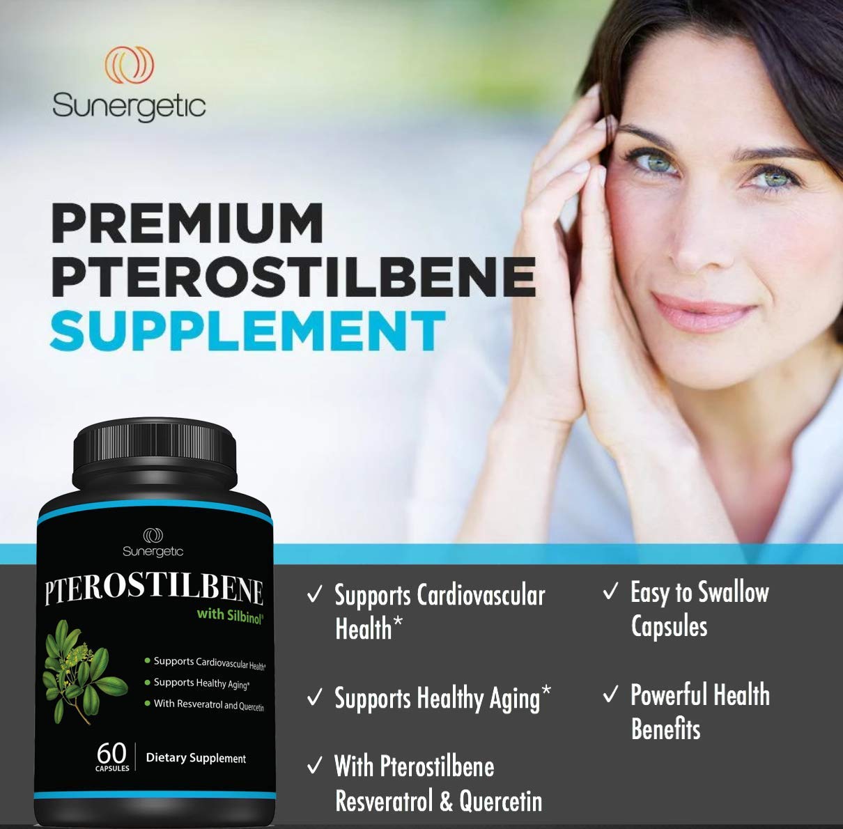 Sunergetic etiqueta con ingredientes que destaca pterostilbeno, resveratrol y quercetina