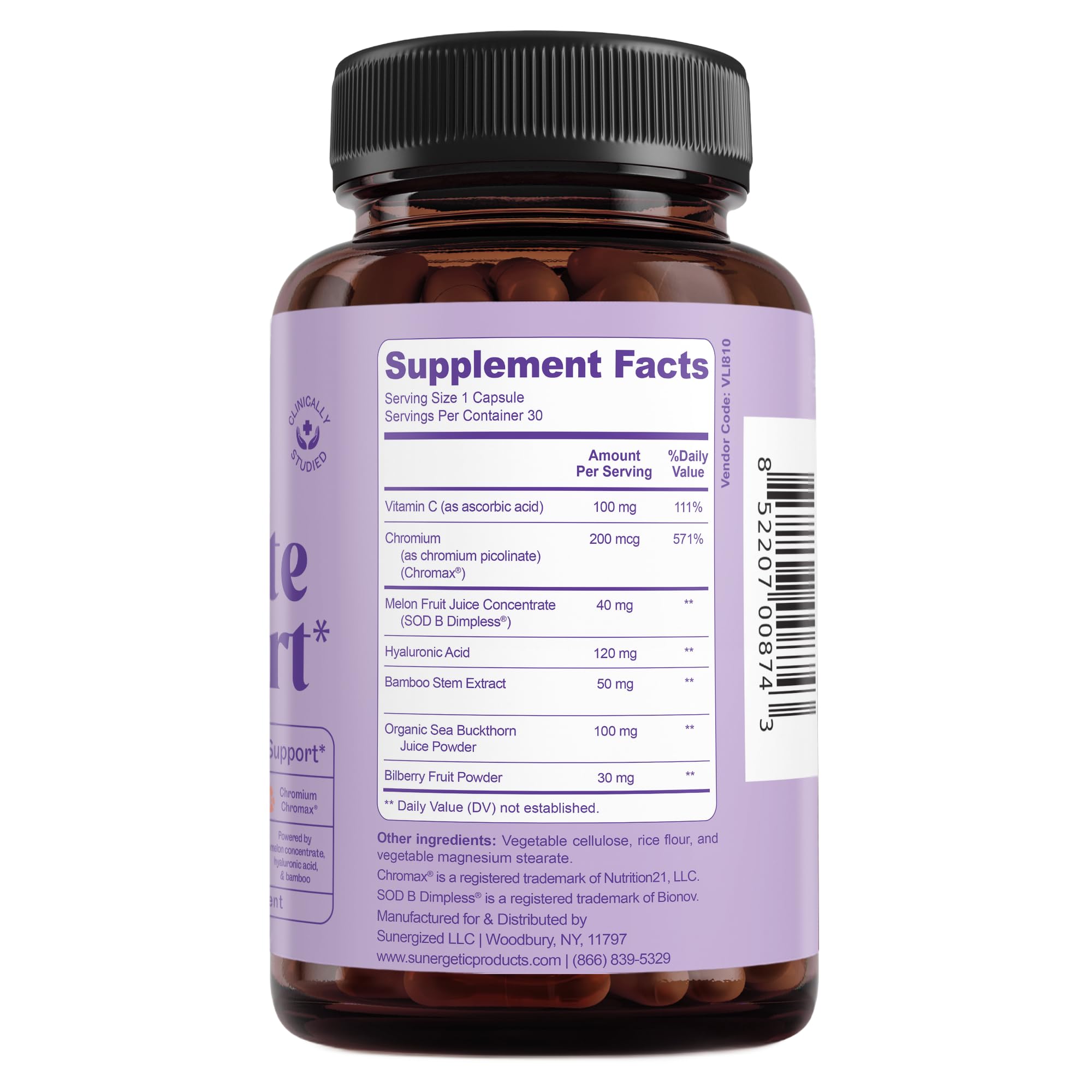 Sunergetic etiqueta nutricional primer plano que muestra ingredientes y transparencia