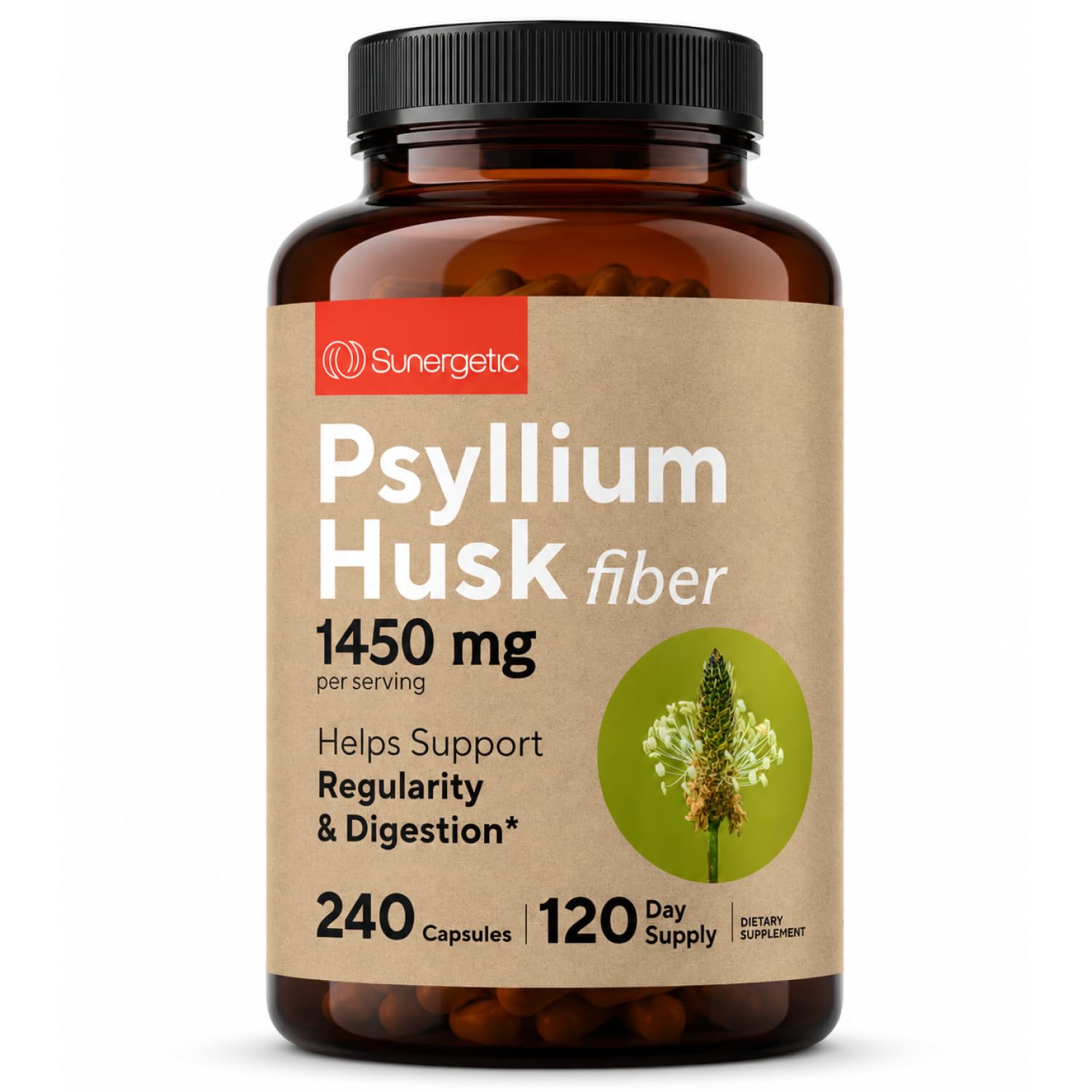 Sunergetic frasco frontal de psyllium para identificar el producto y tamaño