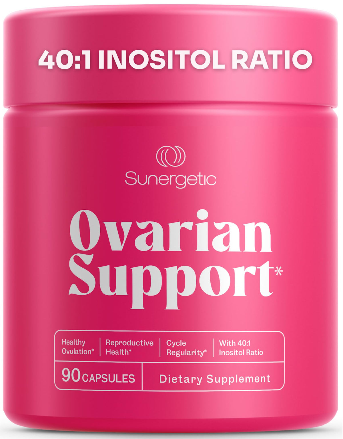 Sunergetic frasco frontal mostrando etiqueta y beneficio ovárico