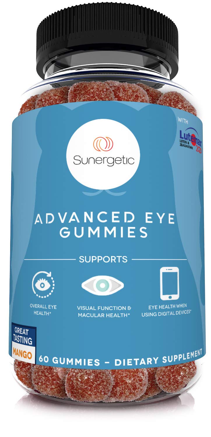 Sunergetic frente del envase mostrando 60 gomitas y beneficios visuales