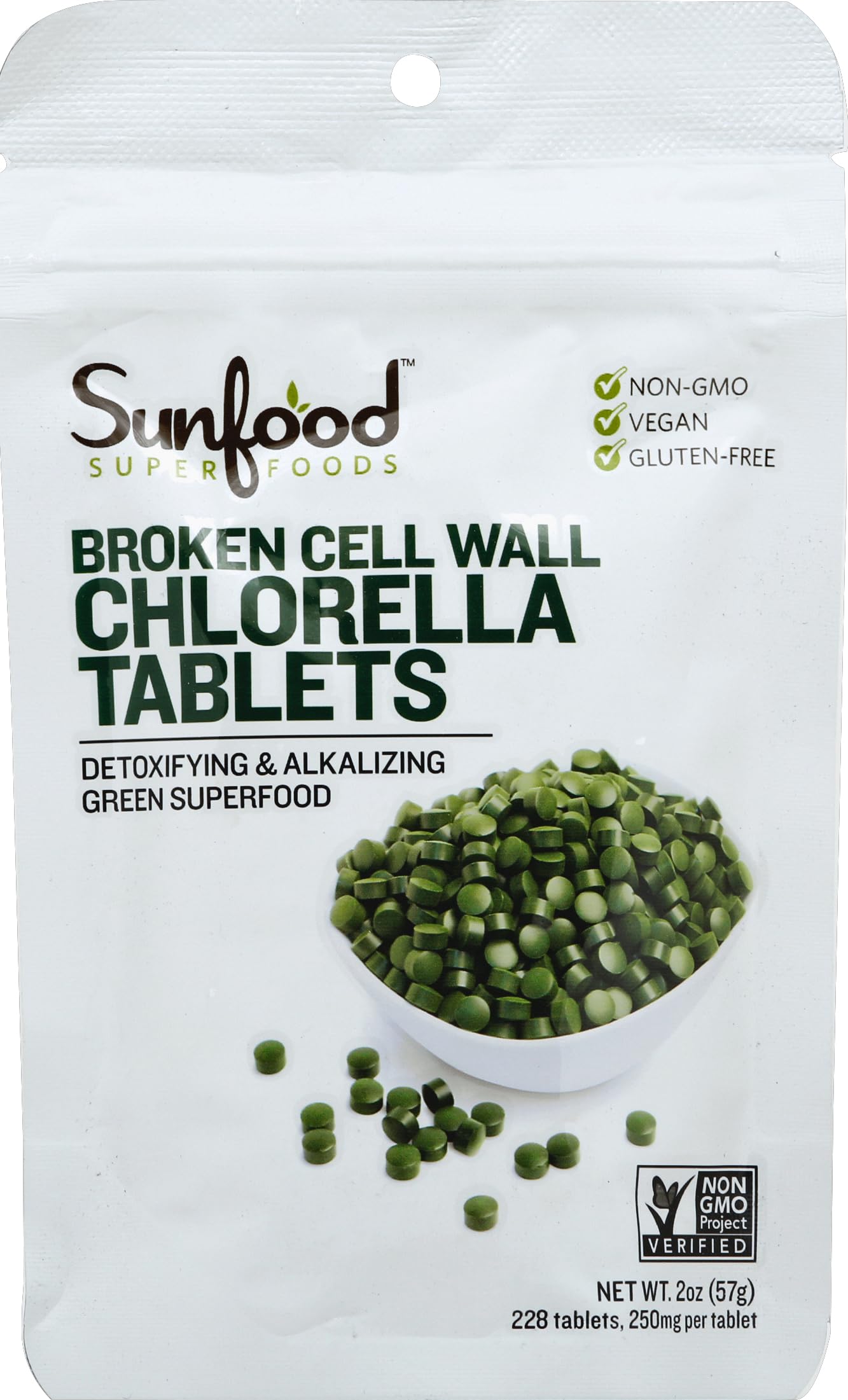 Sunfood Superfoods empaque frontal de chlorella, vista clara del producto y beneficio de conveniencia