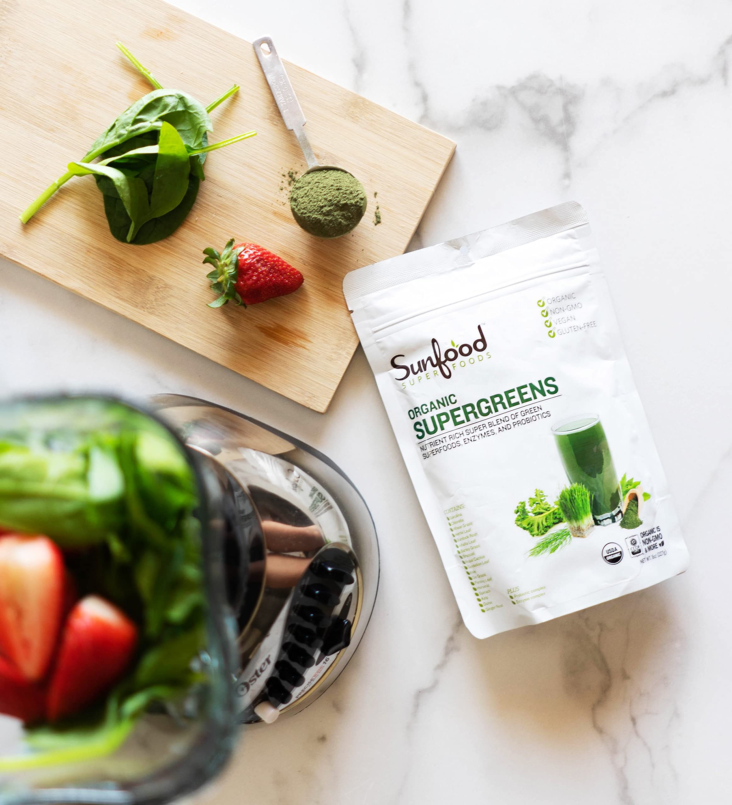 Sunfood Superfoods bolsa junto a regla para comparar tamaño práctico