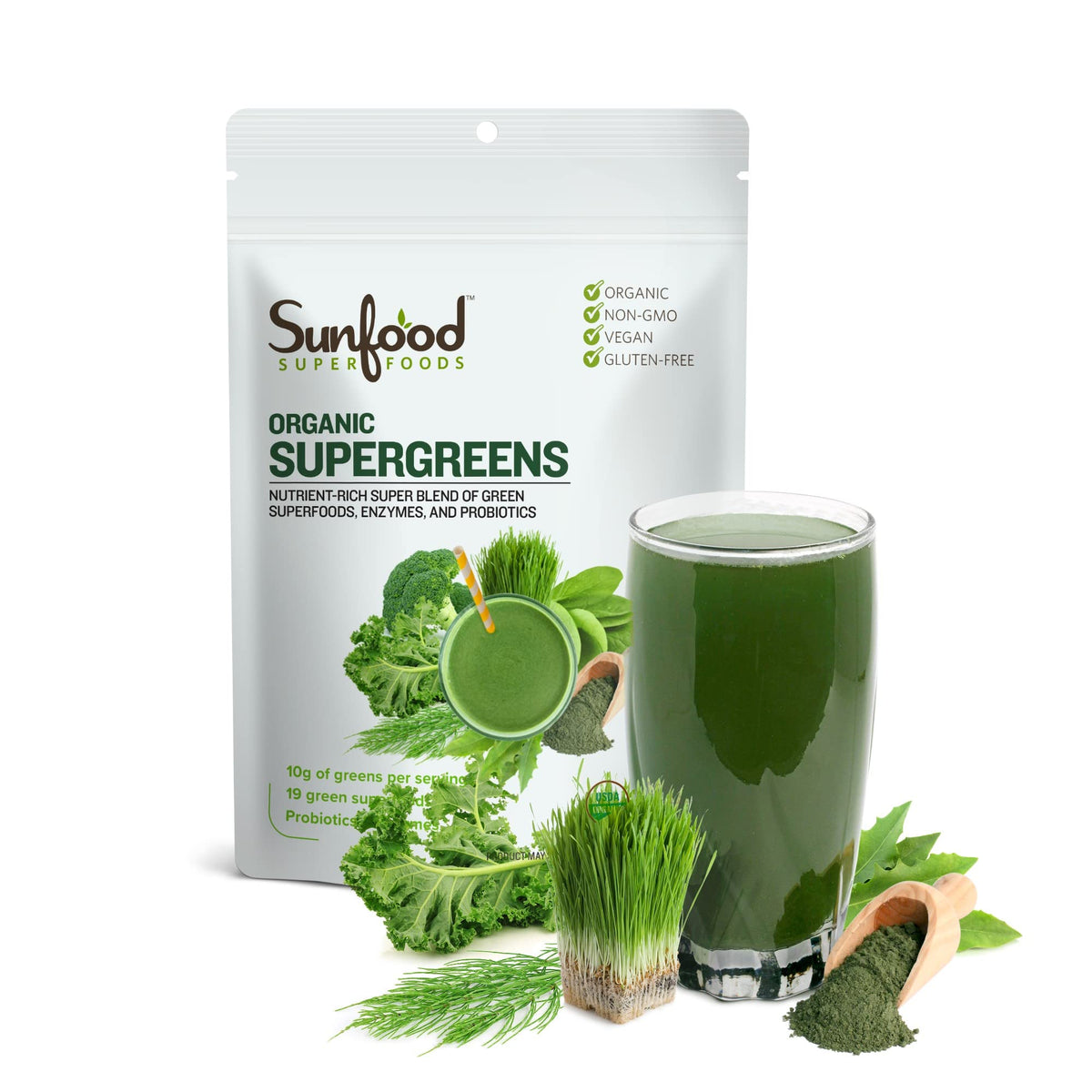 Sunfood Superfoods frente del empaque mostrando beneficio nutricional