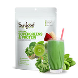 Sunfood envase frontal mostrando etiqueta clara y beneficio de proteína vegana