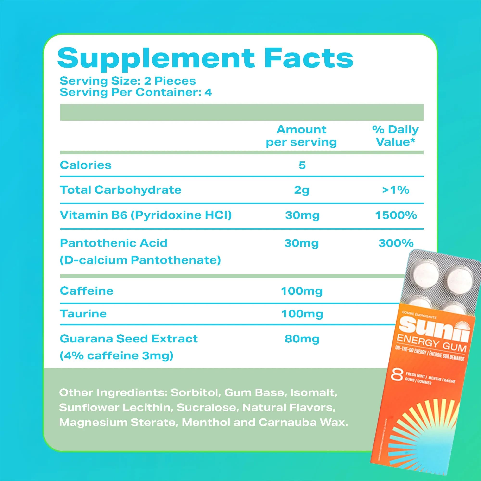 SUNII ENERGY GUM etiqueta ingredientes para transparencia y calidad canadiense