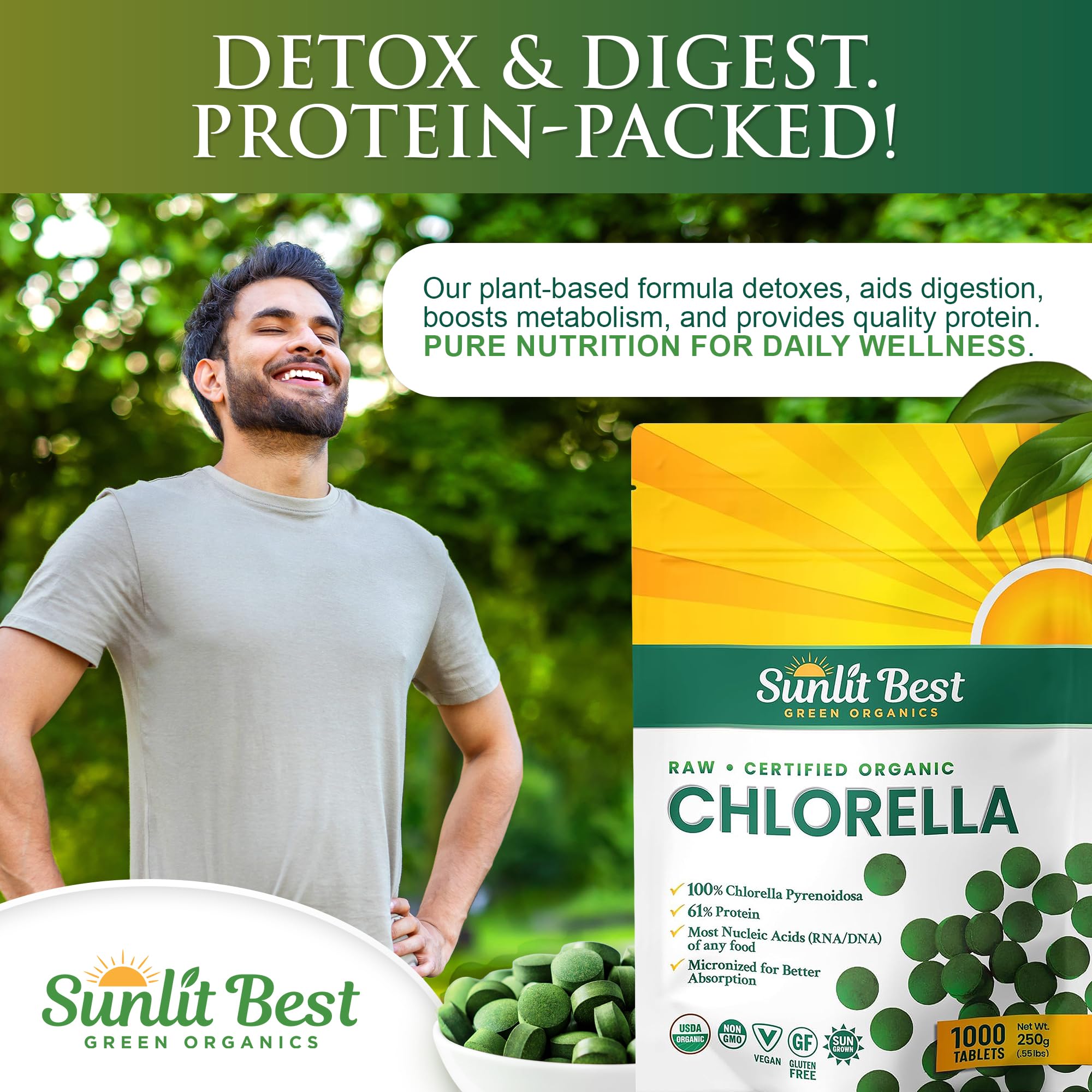 Sunlit Best polvo de chlorella mostrando célula rota y biodisponibilidad