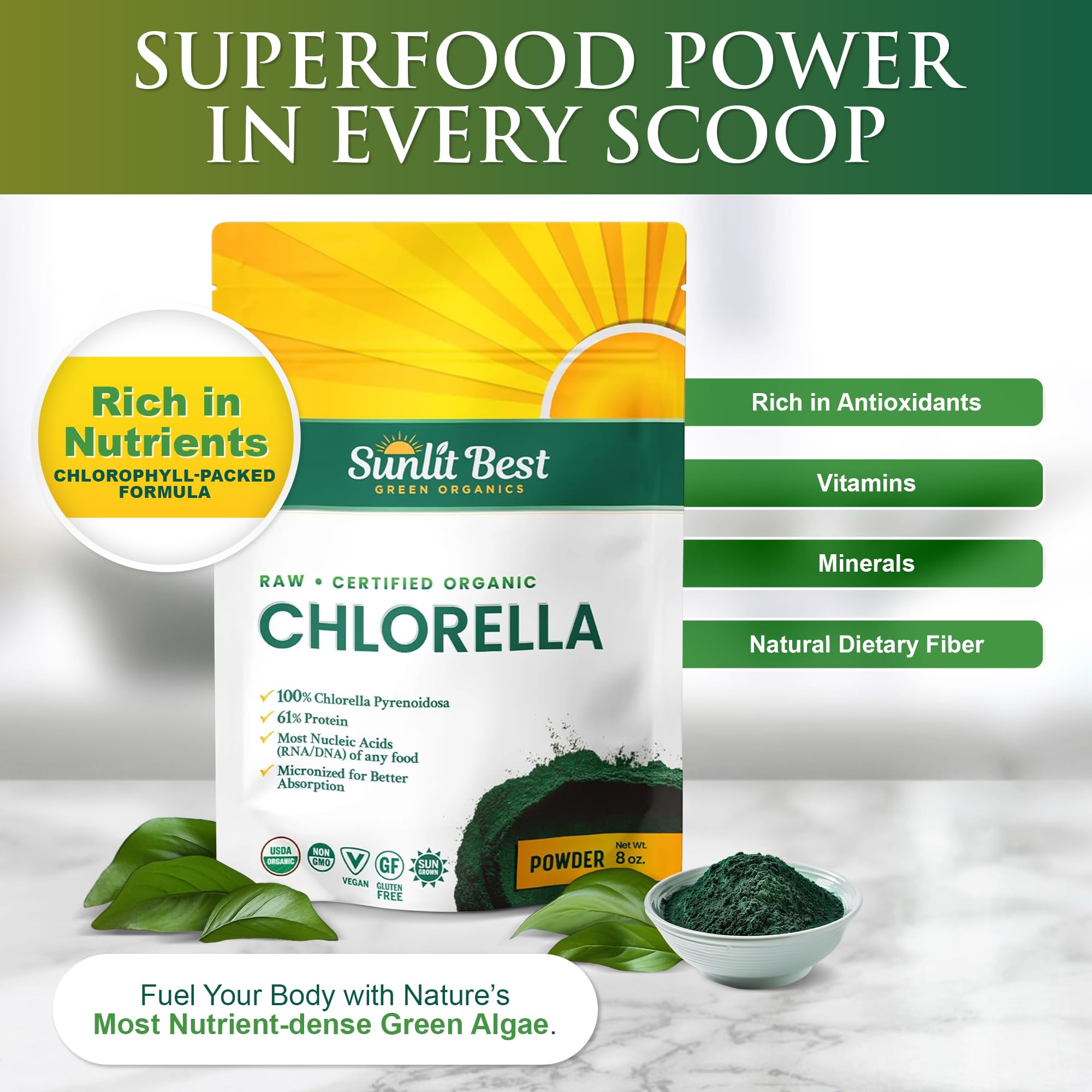 Sunlit Best polvo de chlorella textura fina y aspecto natural
