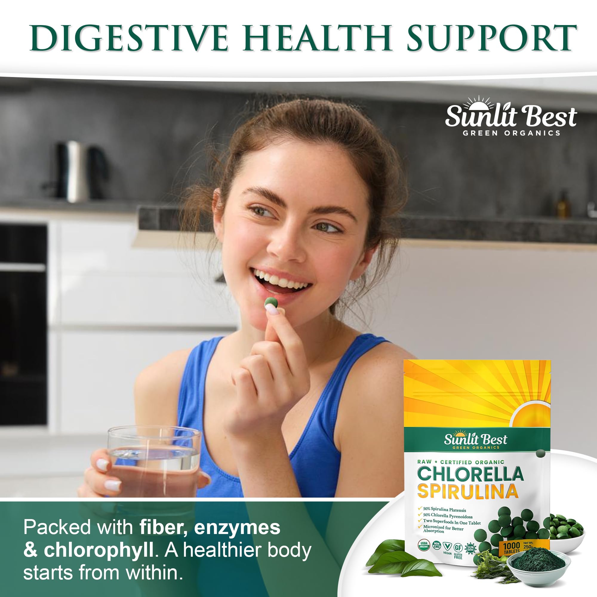 Sunlit Best etiqueta con lista de vitaminas, minerales y certificaciones visibles