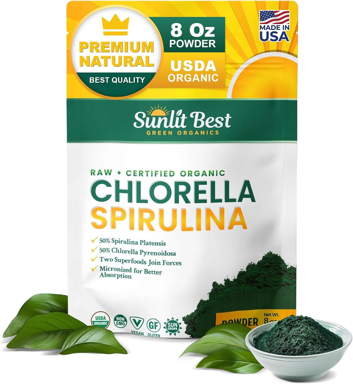 Sunlit Best envase frontal de chlorella spirulina orgánico muestra sellos y tamaño