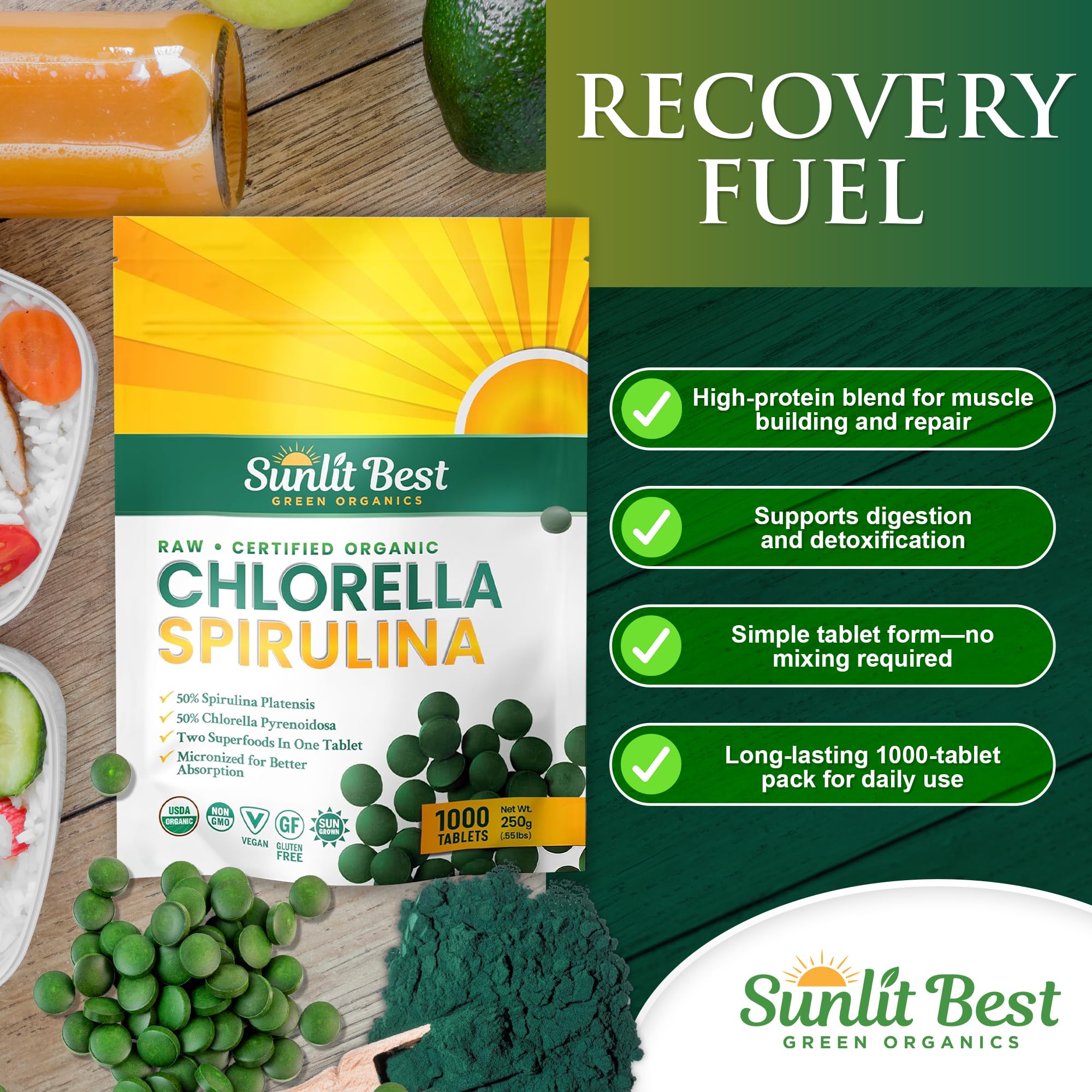 Sunlit Best close-up de spirulina y chlorella en su forma natural como ingredientes