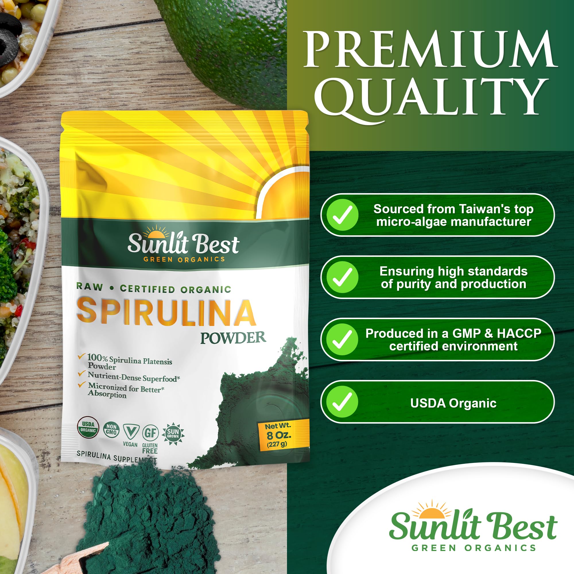 Sunlit Best batido verde preparado con spirulina para energía natural