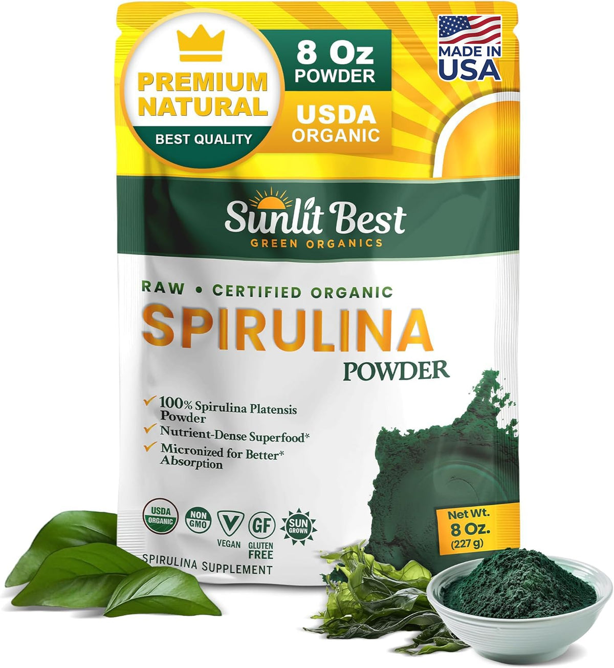 Sunlit Best envase frontal de spirulina orgánica mostrando tamaño y sellado