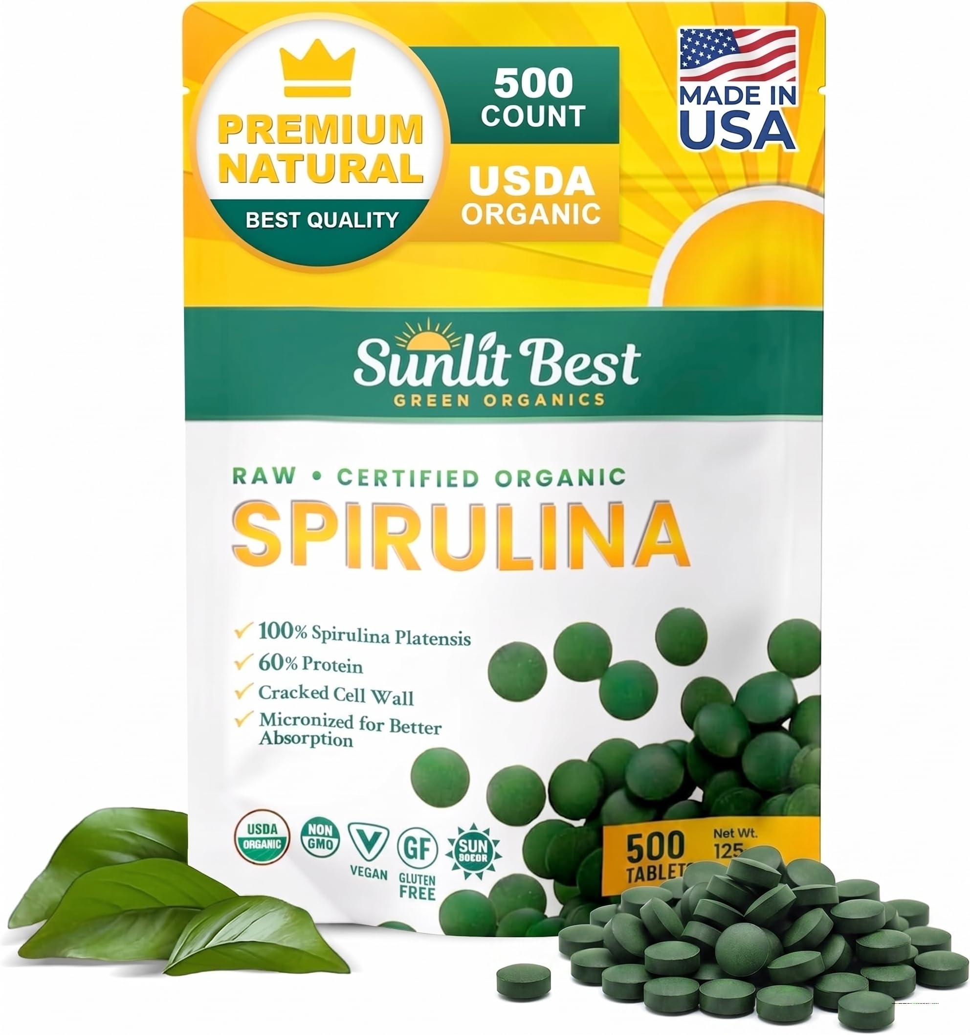 Sunlit Best spirulina frente del empaque mostrando presentación y confianza