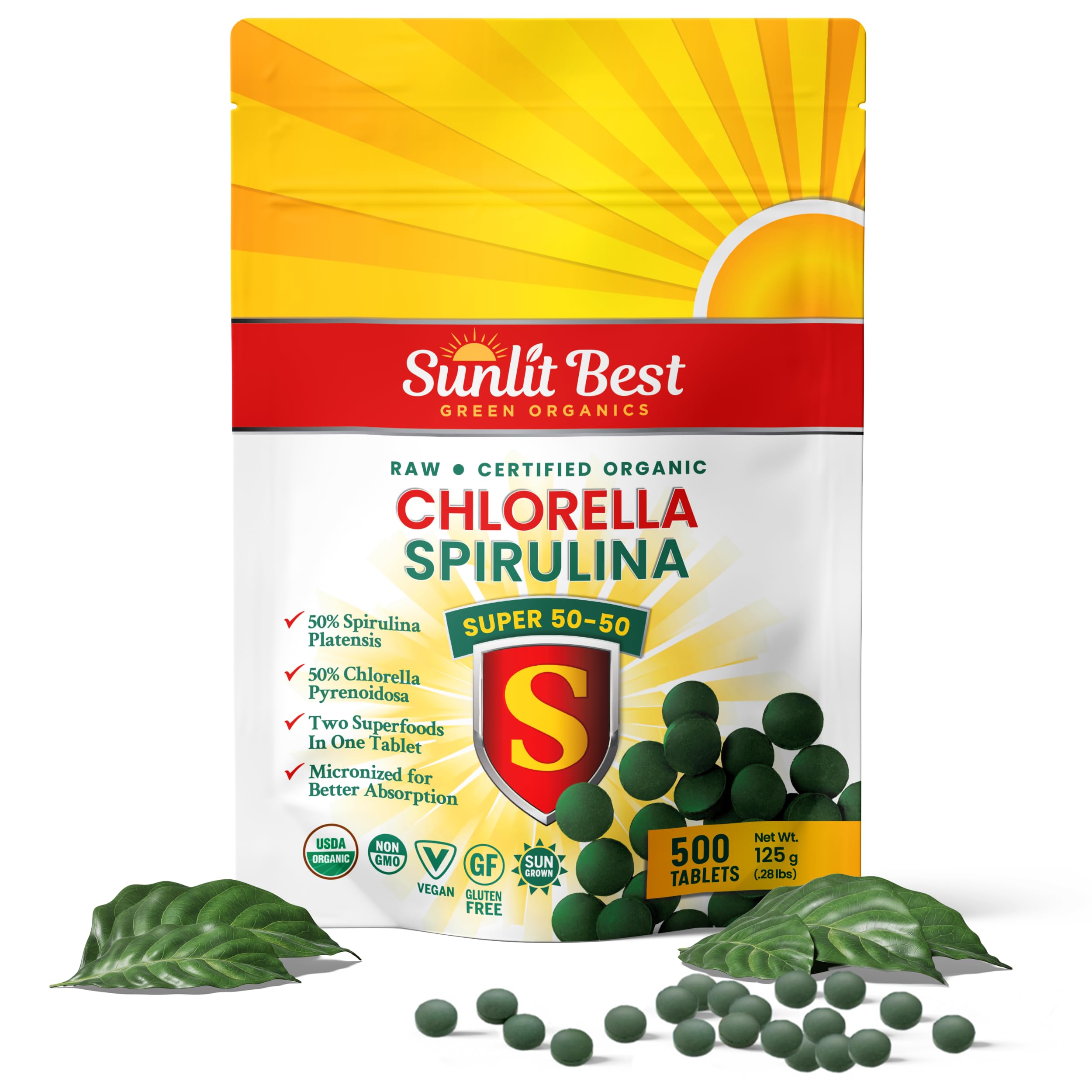 Sunlit Best Green Organics paquete frontal mostrando comprimidos y beneficios