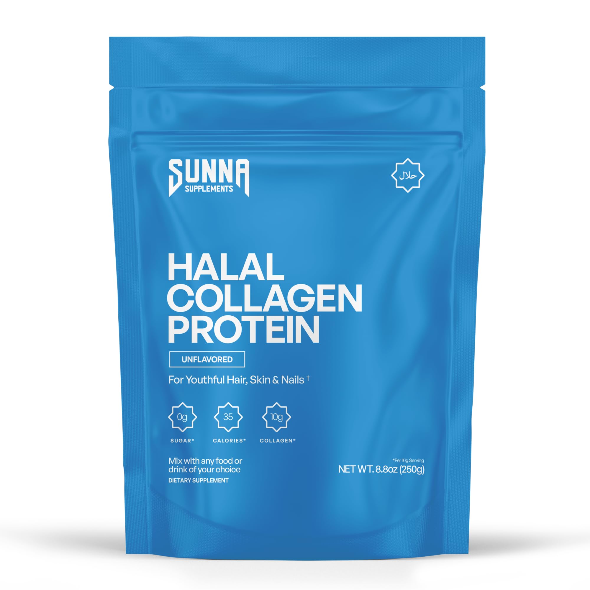 SUNNA SUPPLEMENTS frasco frontal mostrando colágeno Halal y beneficios claros