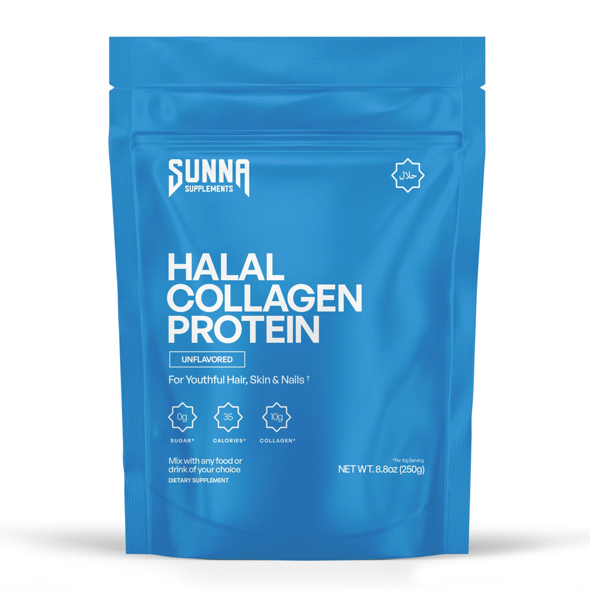 SUNNA SUPPLEMENTS frasco frontal mostrando colágeno Halal y beneficios claros
