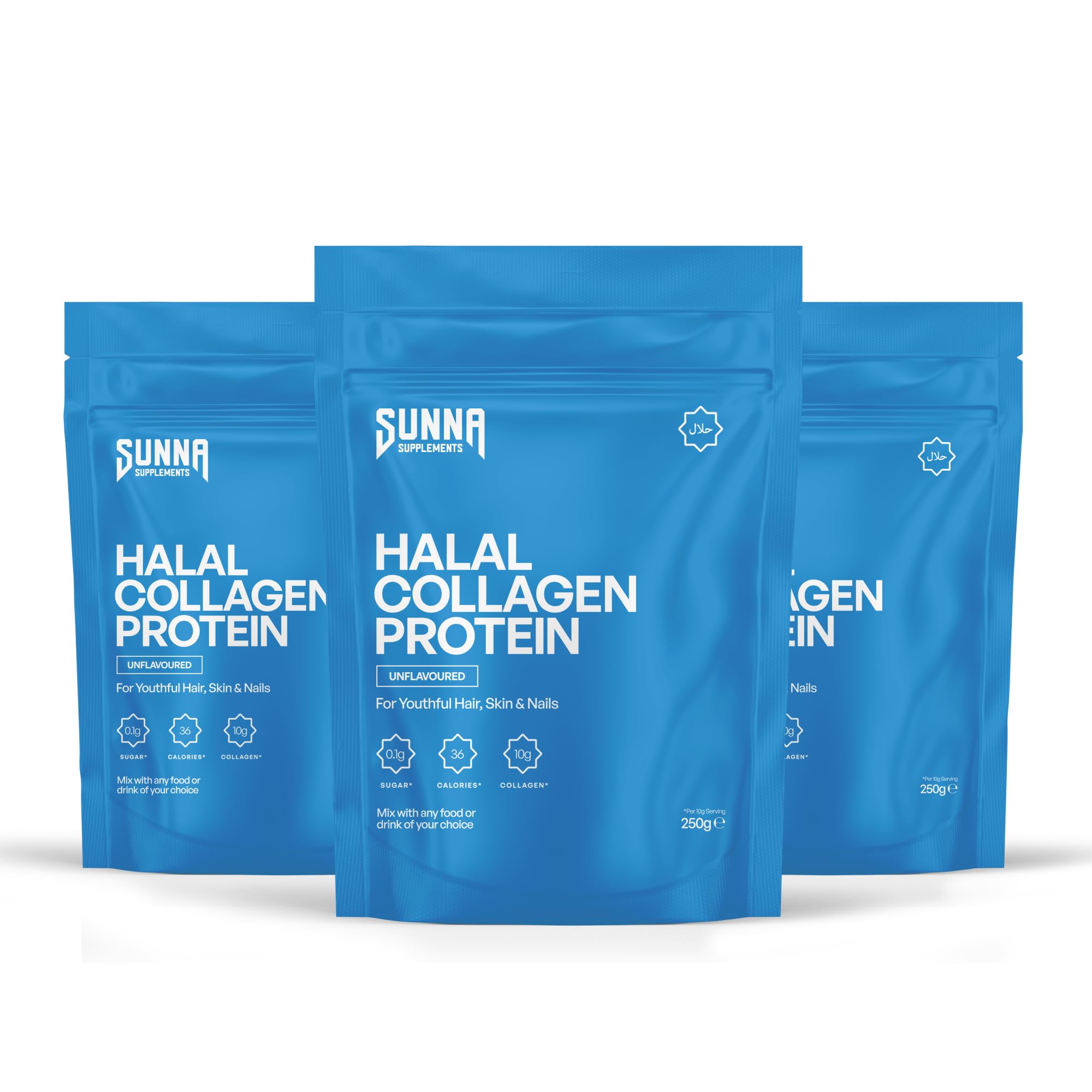 SUNNA SUPPLEMENTS envase frontal mostrando pack de 3 y pureza