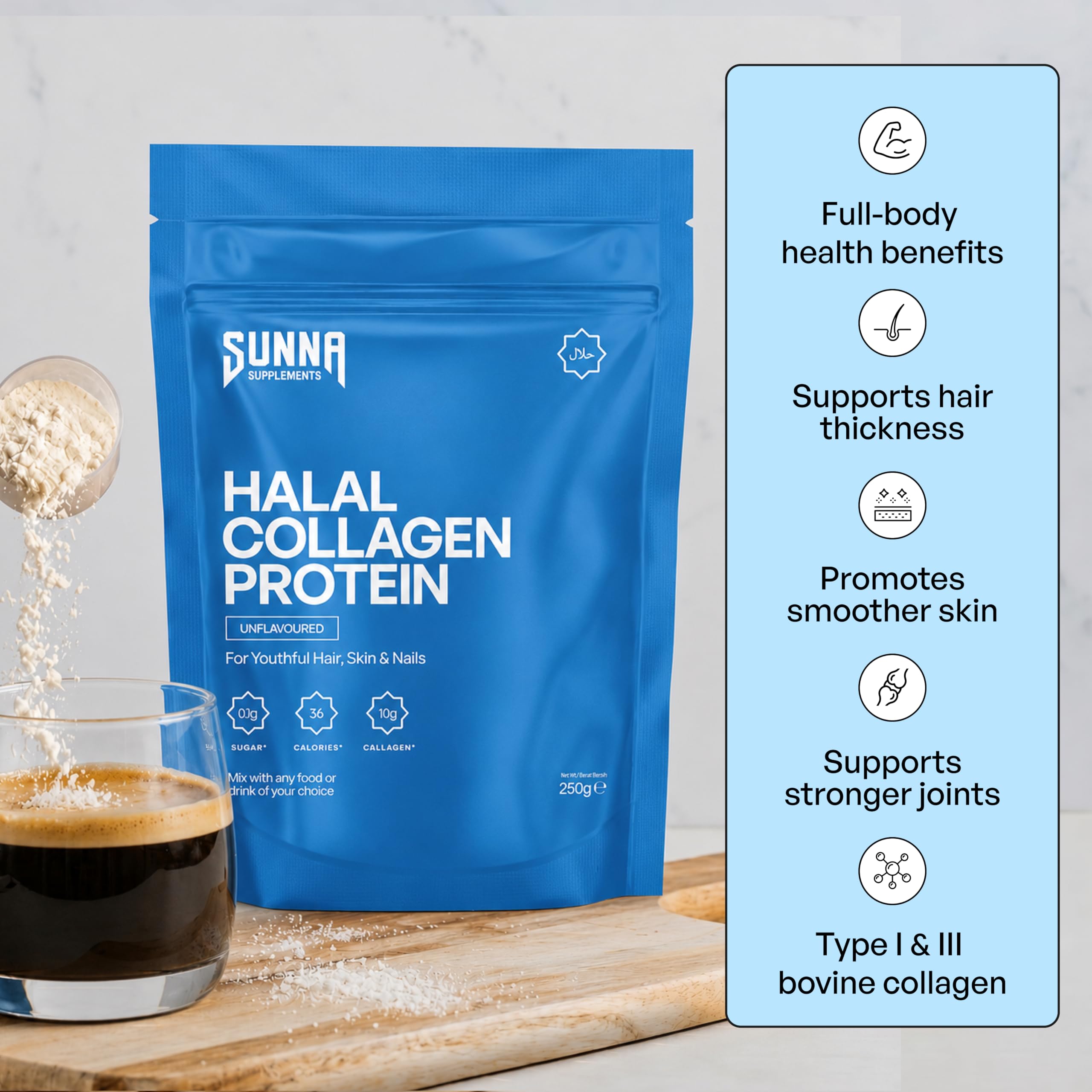 SUNNA SUPPLEMENTS detalle de la textura fina del polvo fácil de disolver
