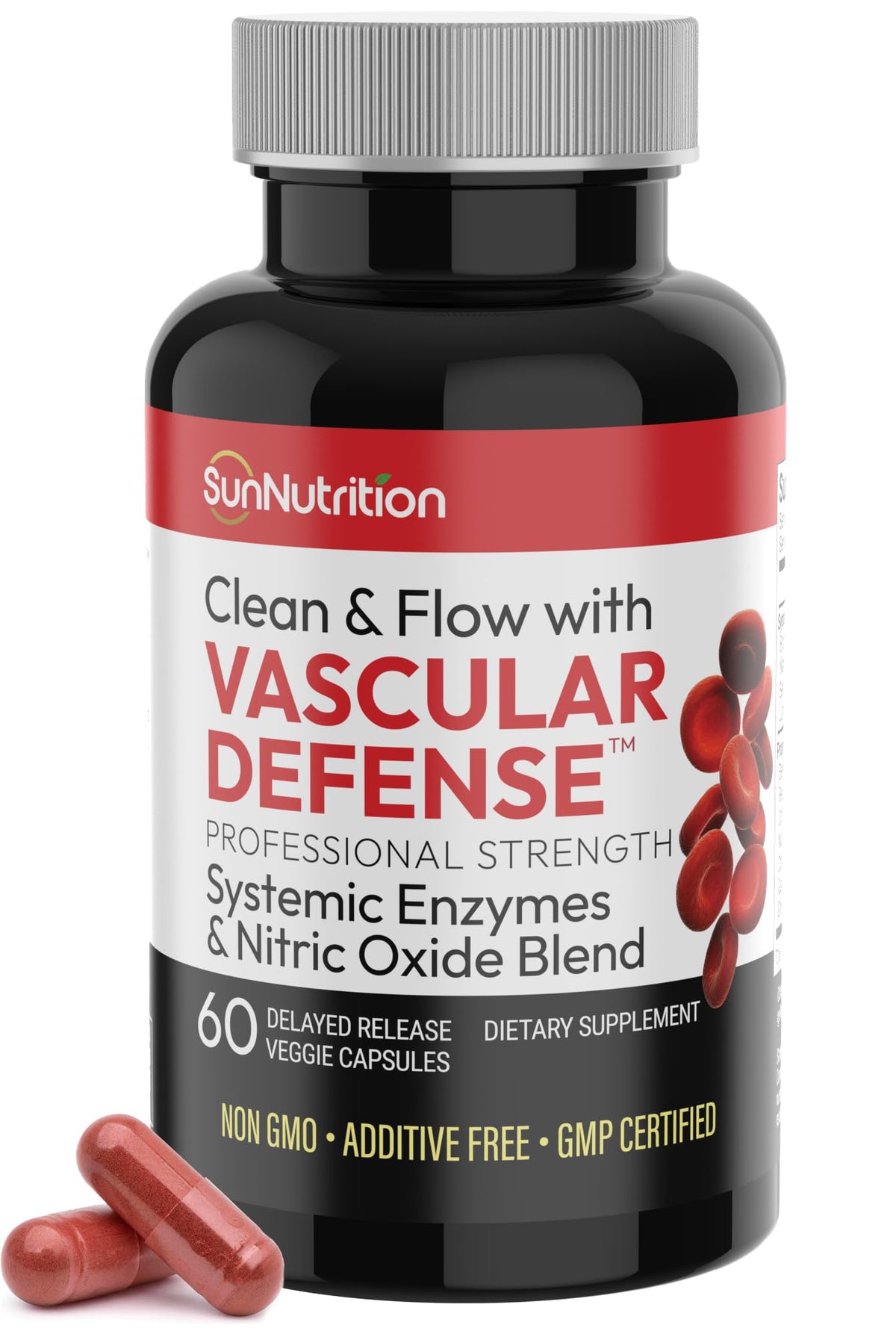 SunNutrition bote frontal de Vascular Defense mostrando etiqueta clara y beneficios