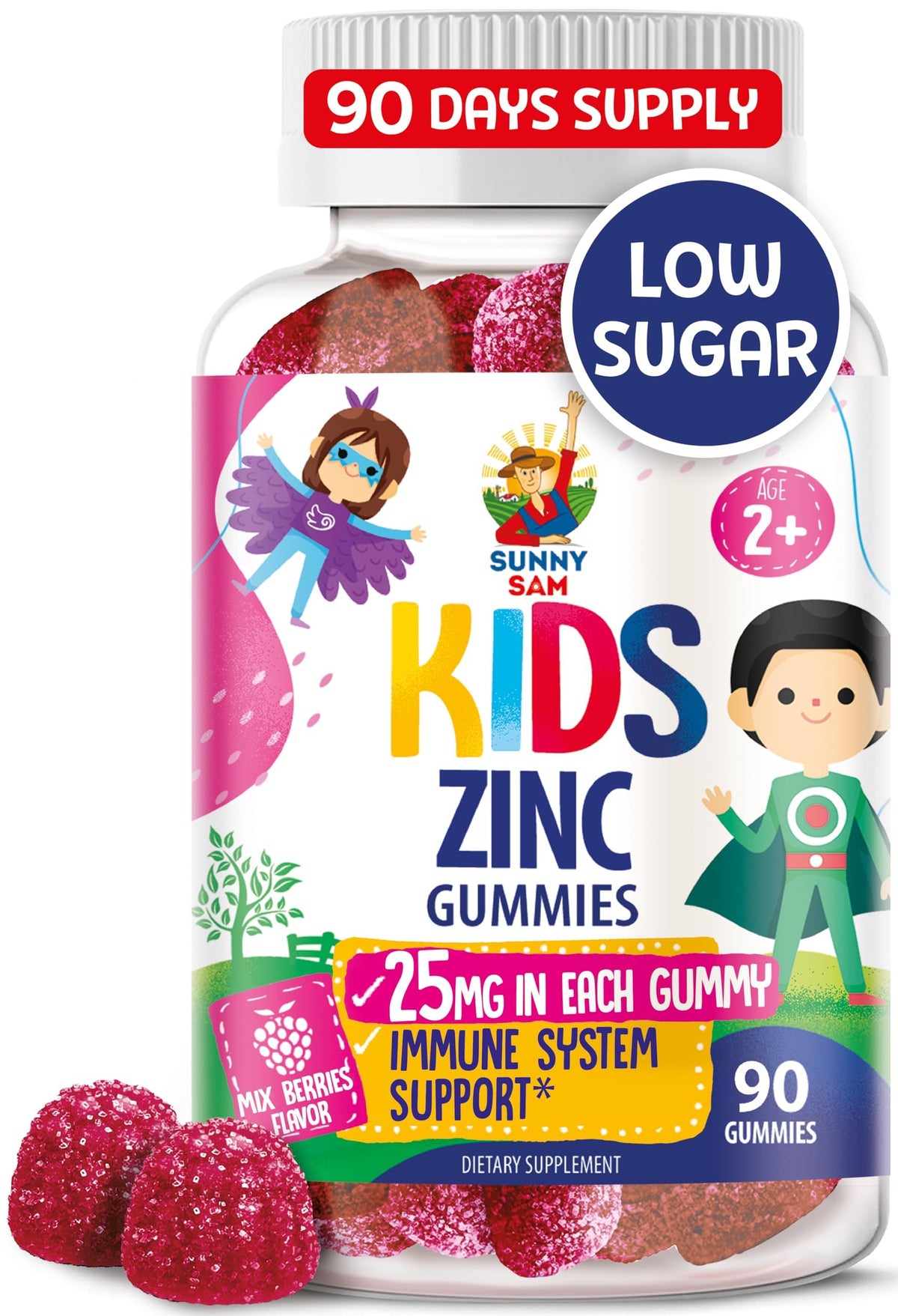 SUNNY SAM frasco frontal de Zinc Gummies, práctico y fácil de almacenar