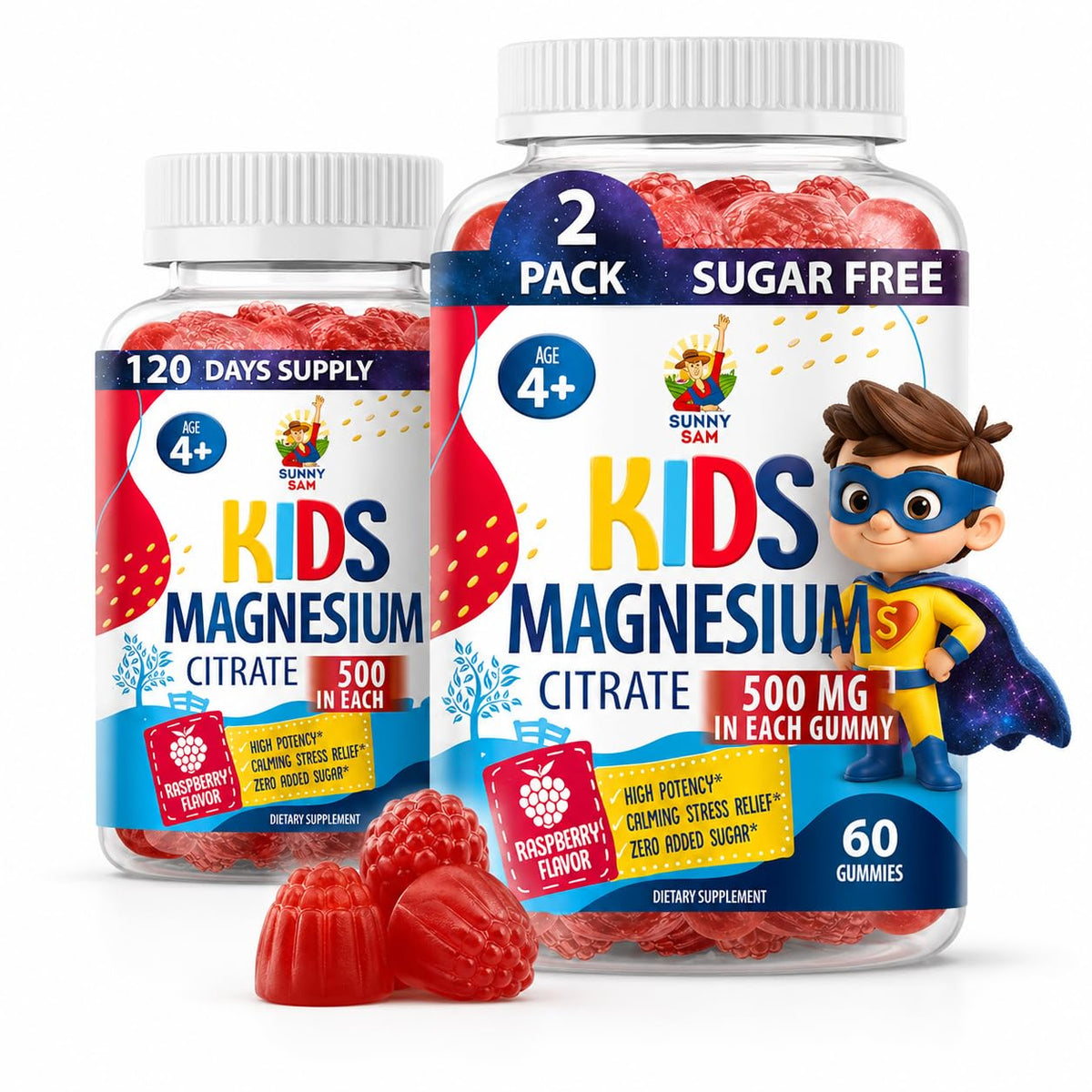 SUNNY SAM paquete frontal que muestra gomitas sin azúcar y beneficios